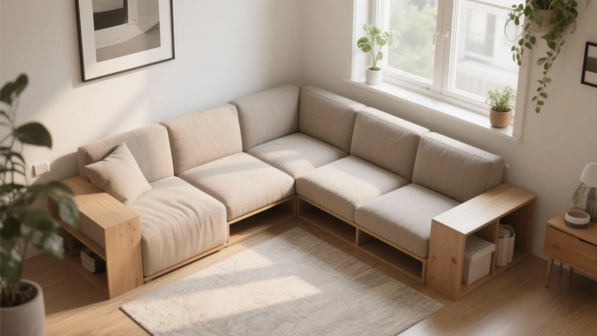 Beige corner sofa with built in wooden side tables placed in a bright sunny room