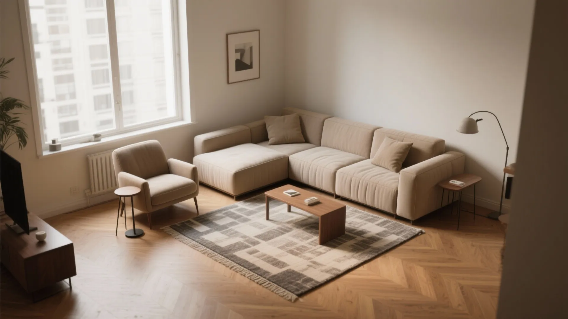 Minimalist living room with beige sofa, wooden coffee table, floor light, rug, and large windows