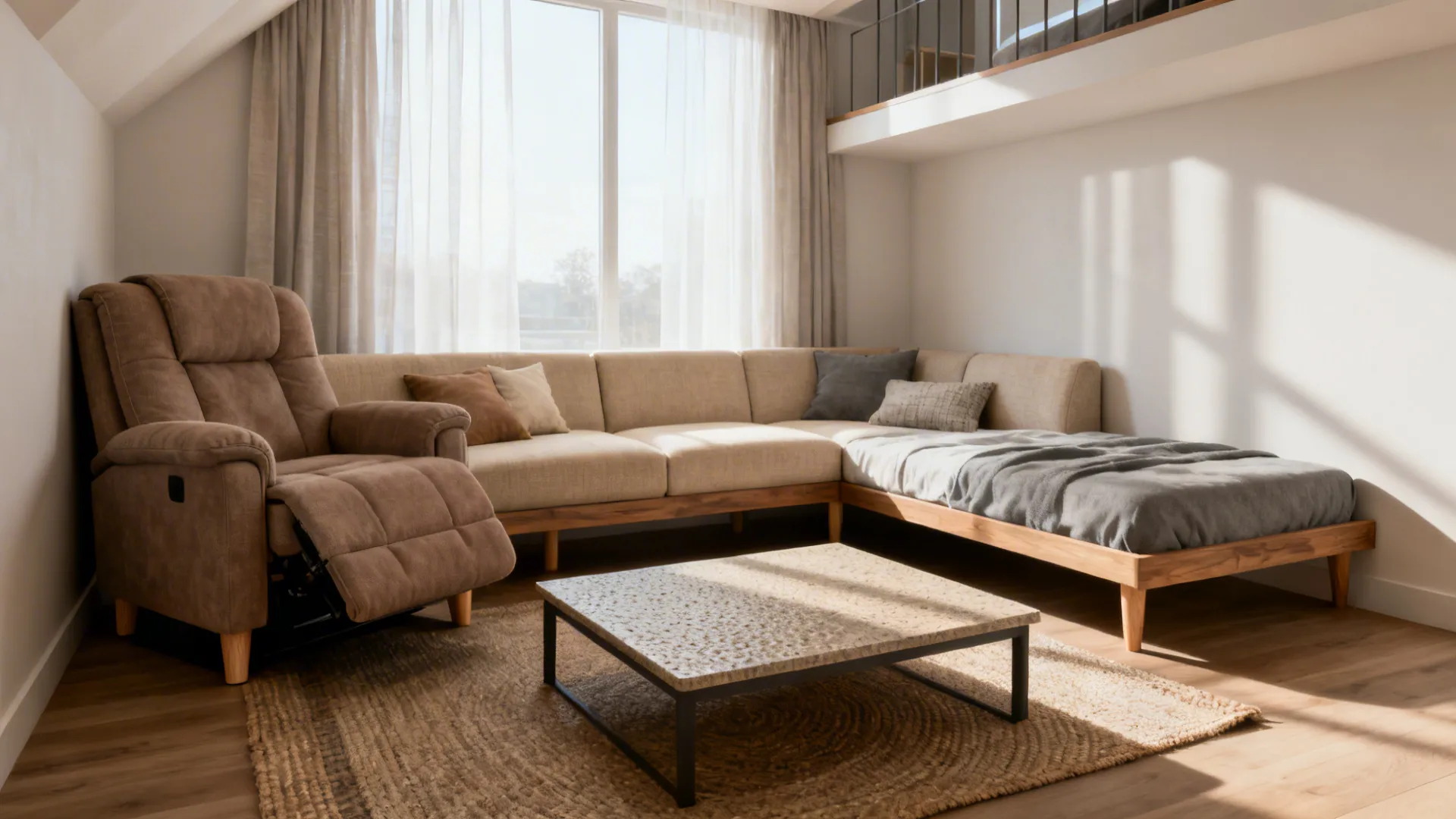 Corner recliner sectional arranged to free central floor space and serve dual lounge and guest bed functions.