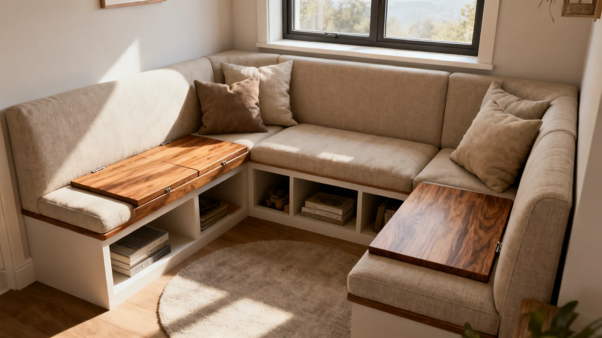 Compact corner sectional paired with built-in bench storage under the window
