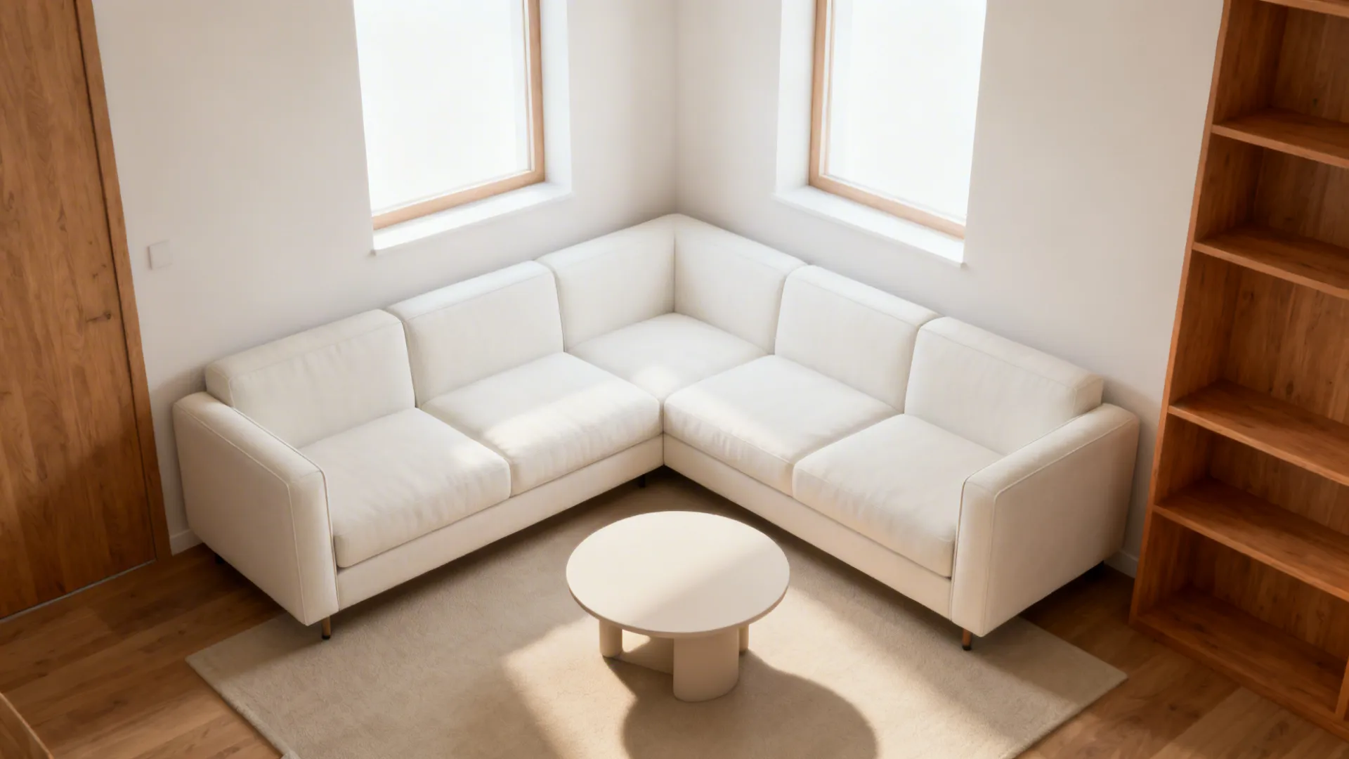 Compact white sectional sofa optimized for a corner in a small studio living room