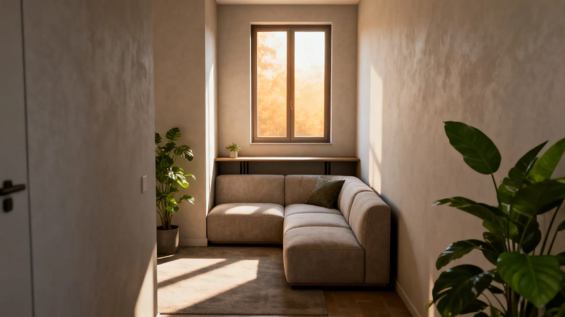 Narrow apartment with a compact sectional fitted into the corner and a slim console behind