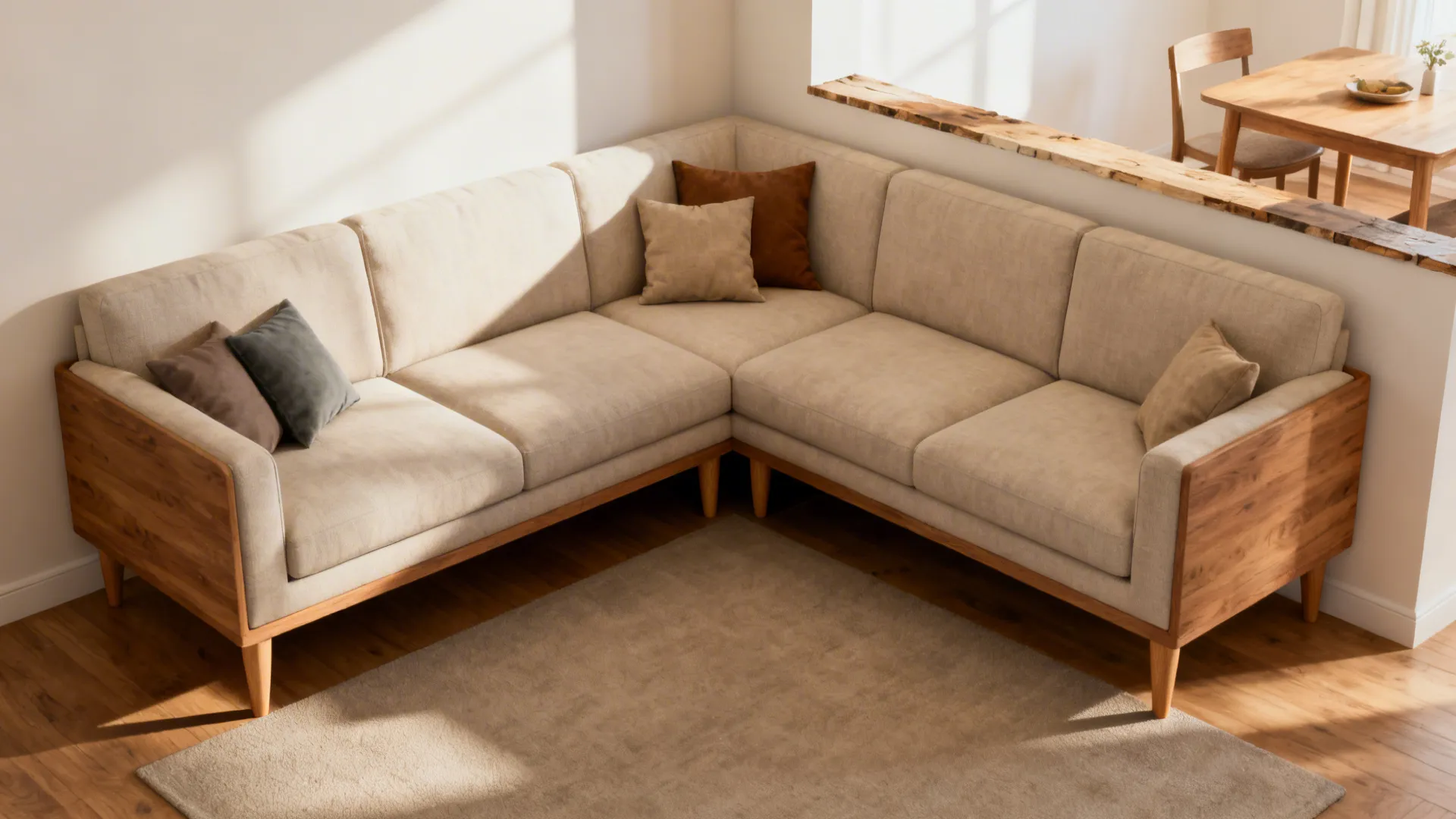 Corner sectional tucked into a small living room opening space for a small dining set