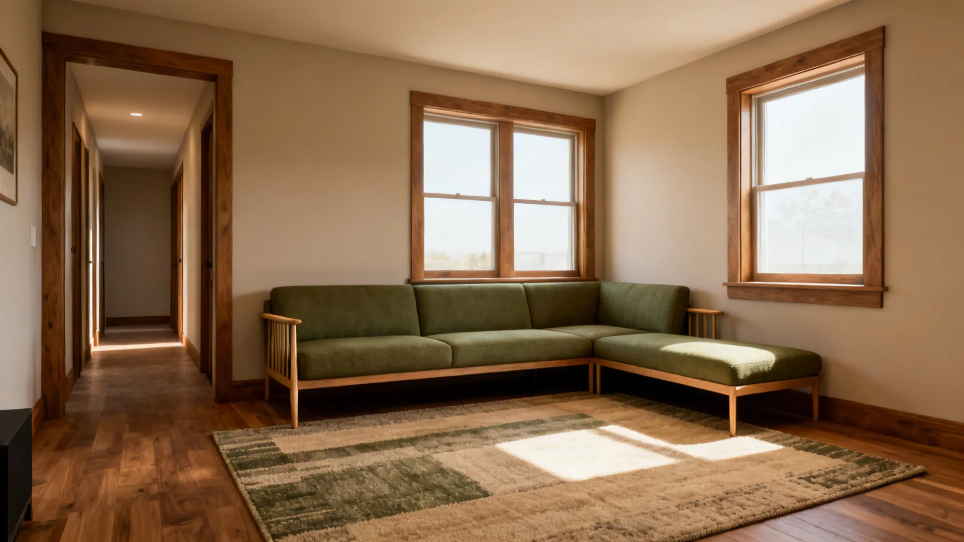 Corner-tucked L-shaped sectional with slim arms and clear pathway in a compact living room.