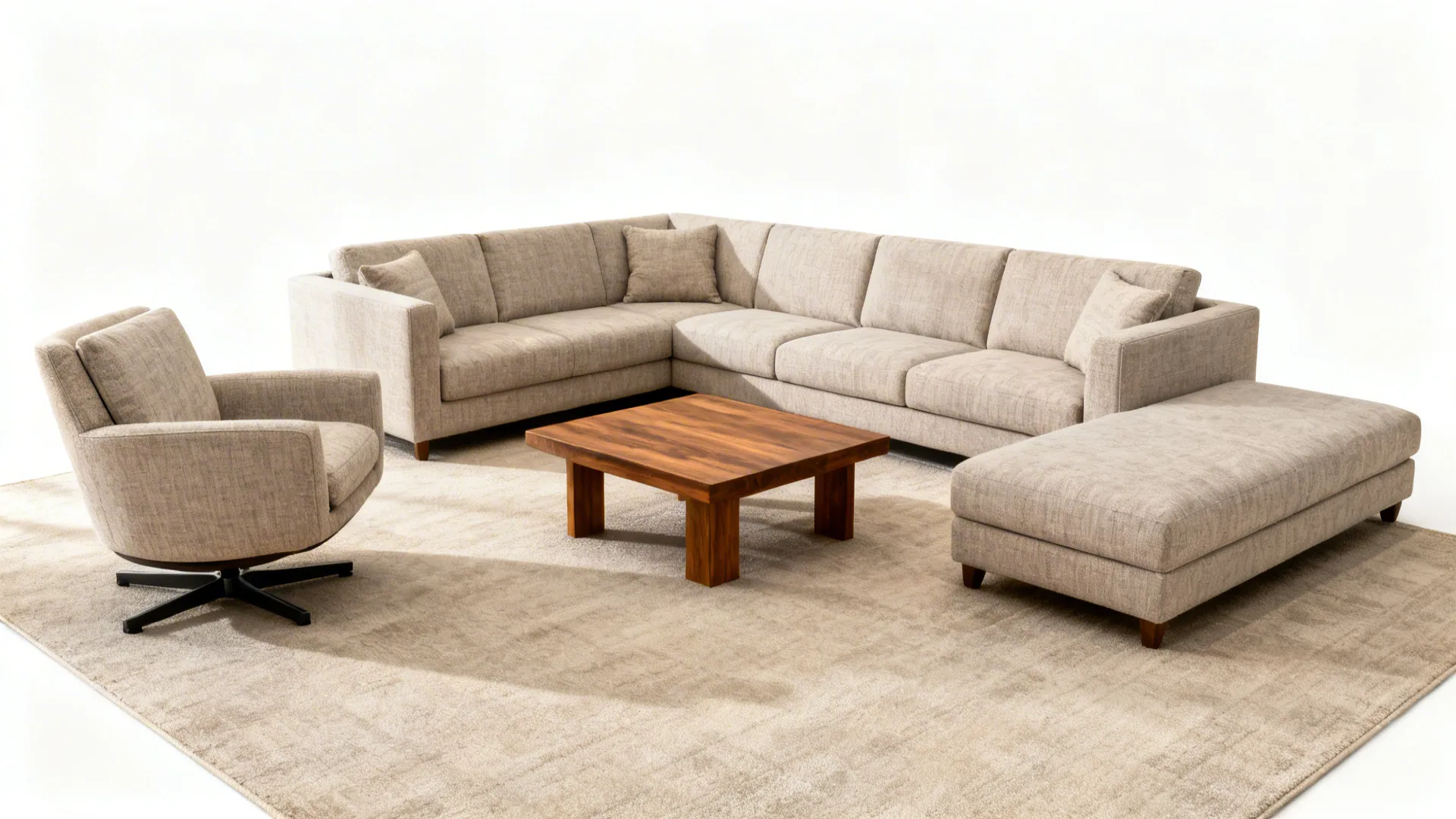 L-shaped room with a chaise sectional in the corner, clear paths, and warm neutral finishes.