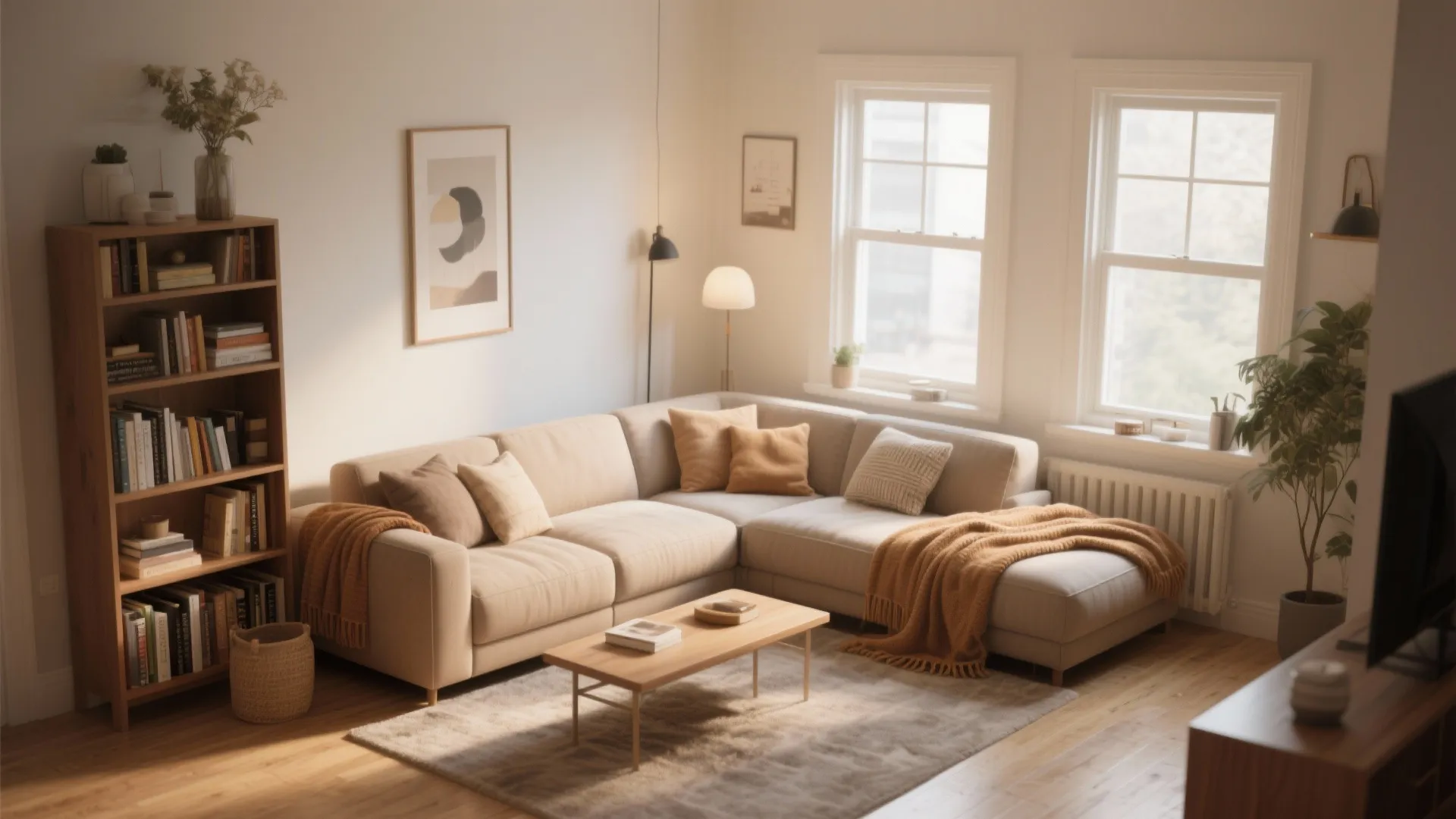Cozy living room with beige sectional sofa wooden bookshelf coffee table rug and warm natural lighting