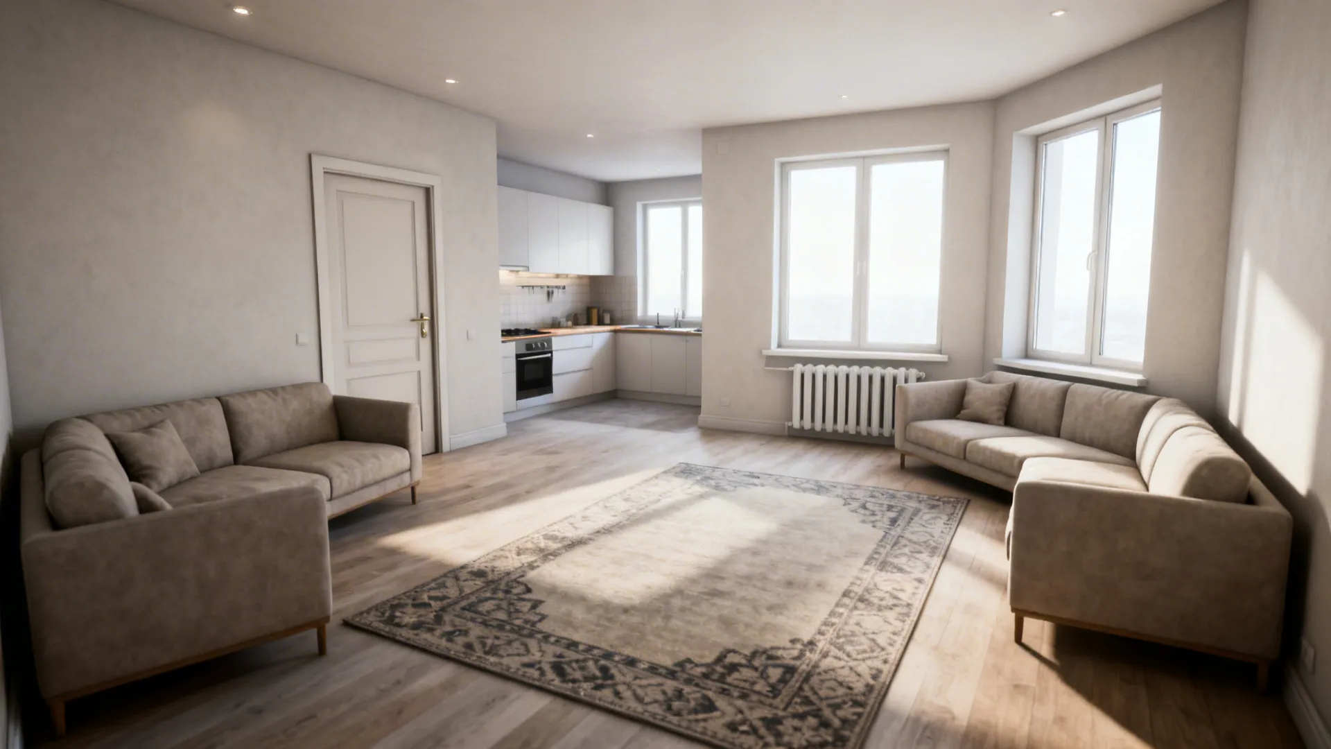 Small living room with a corner sectional placed to free central walkways toward the kitchen.
