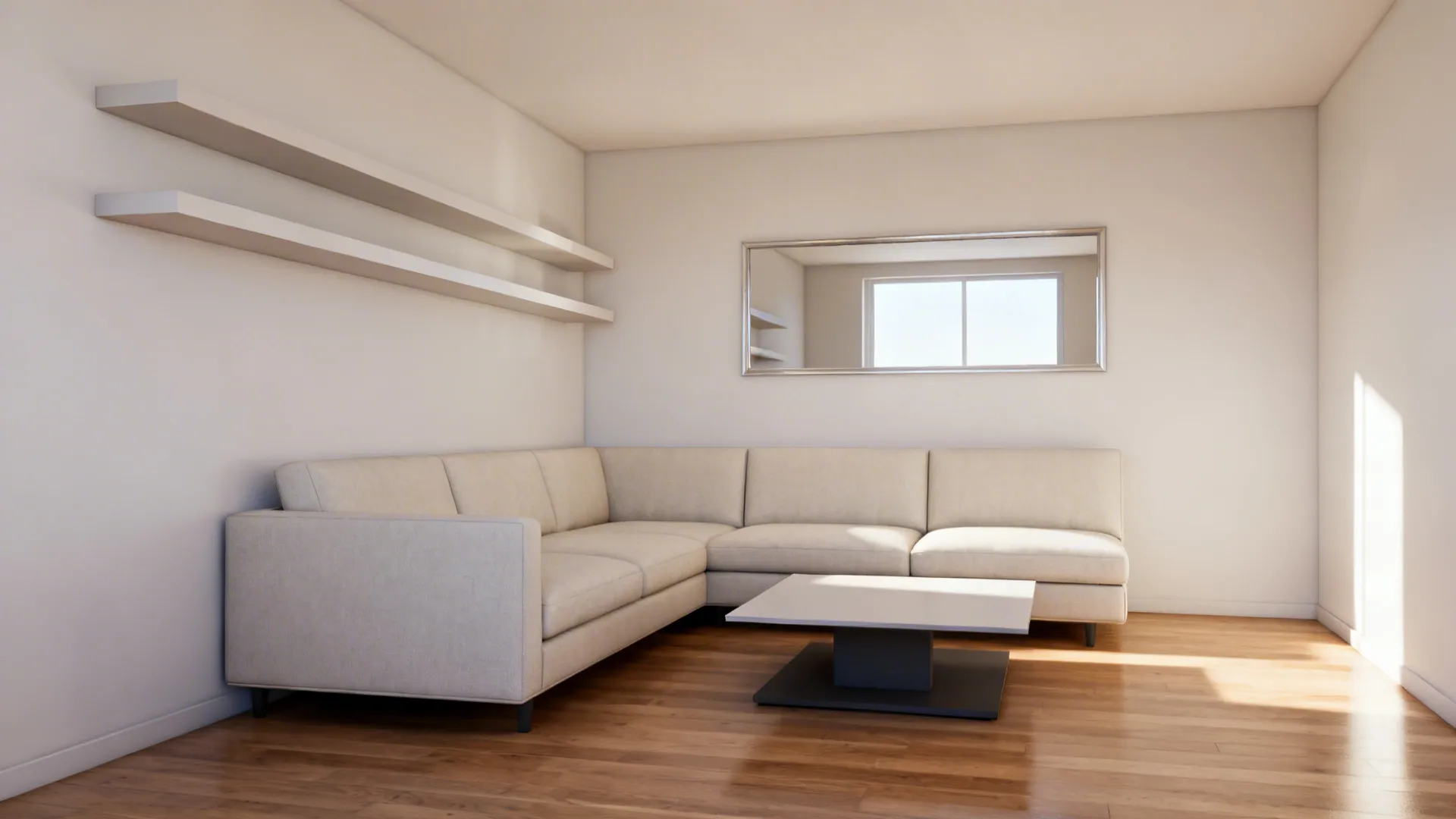 Slim L-shaped sectional embraced by a longest wall with floating shelf and mirror above.