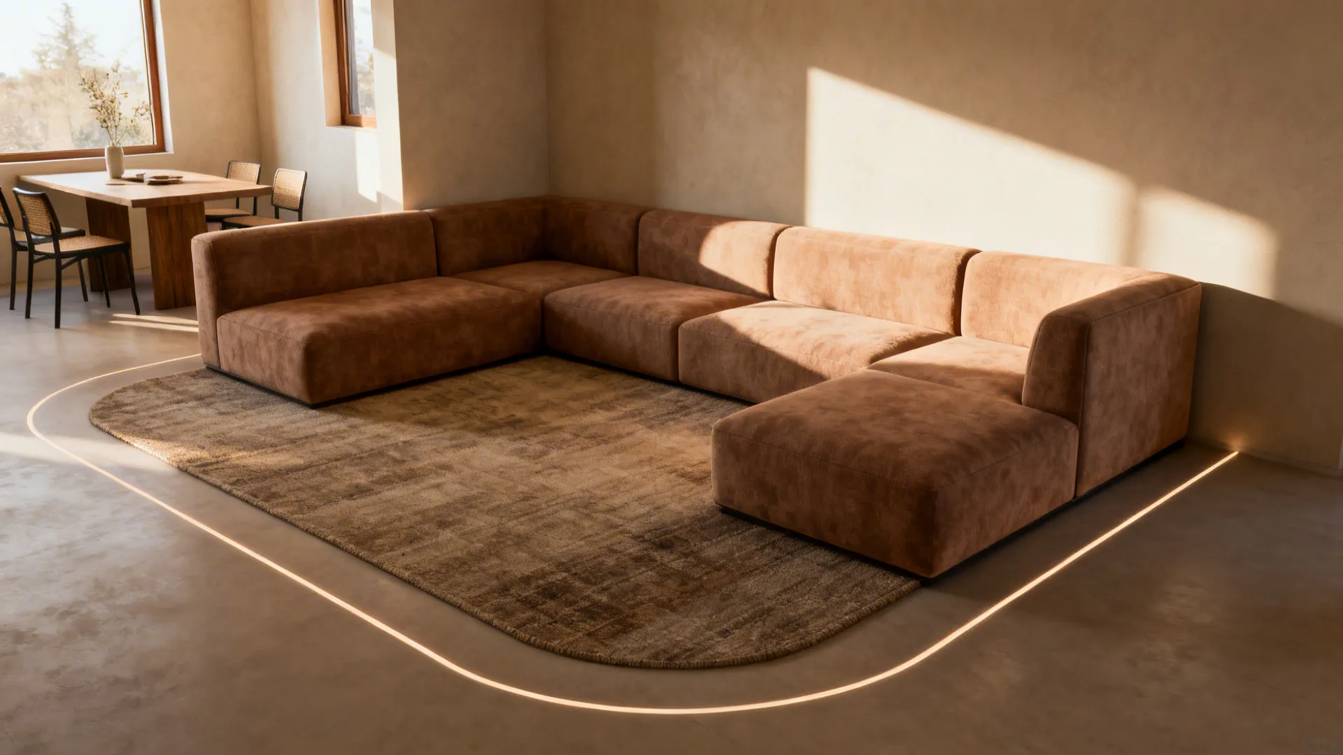 Studio apartment with an L-shaped sectional defining a lounge and dining zone