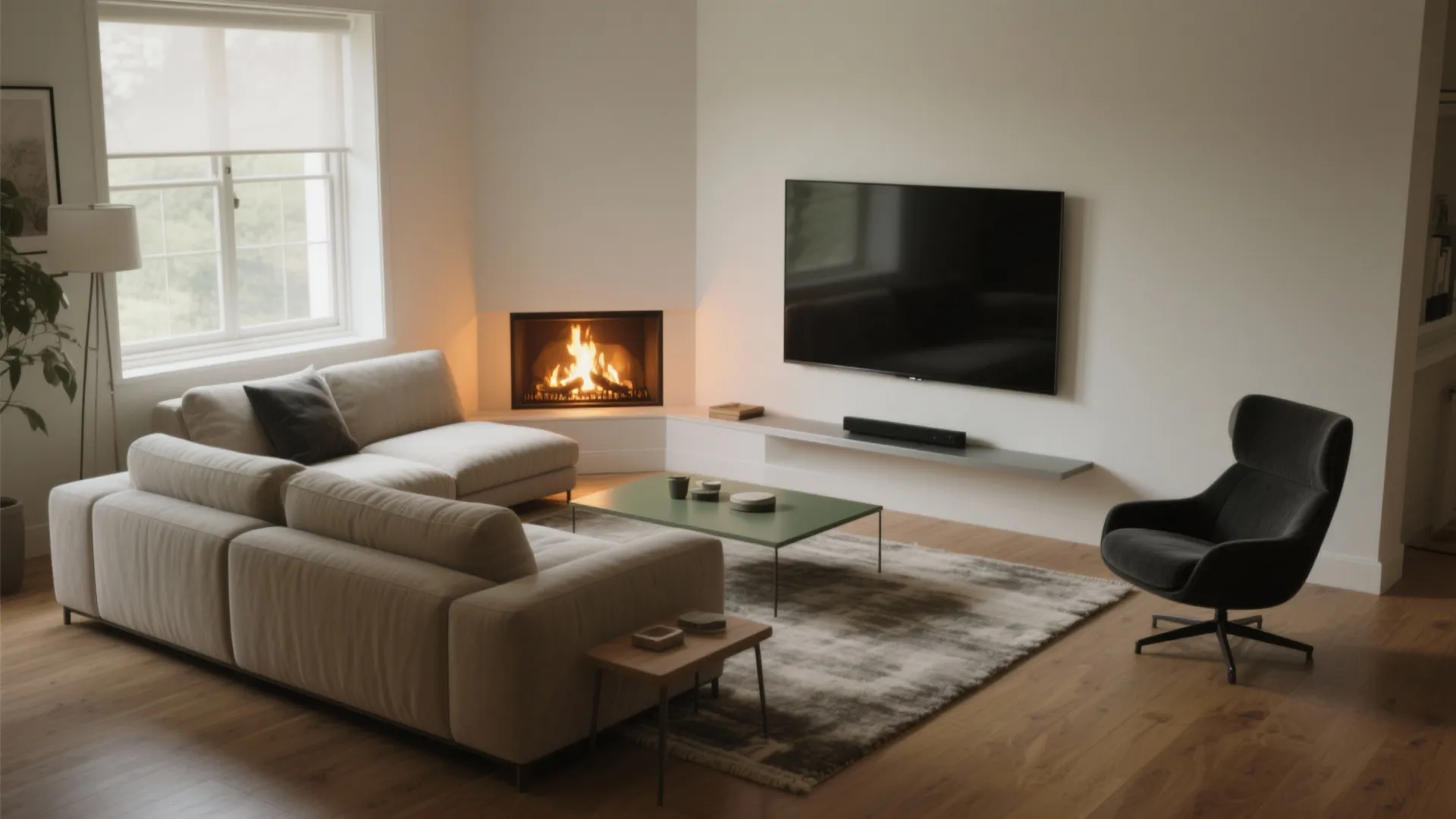 Corner fireplace strategy with angled seating