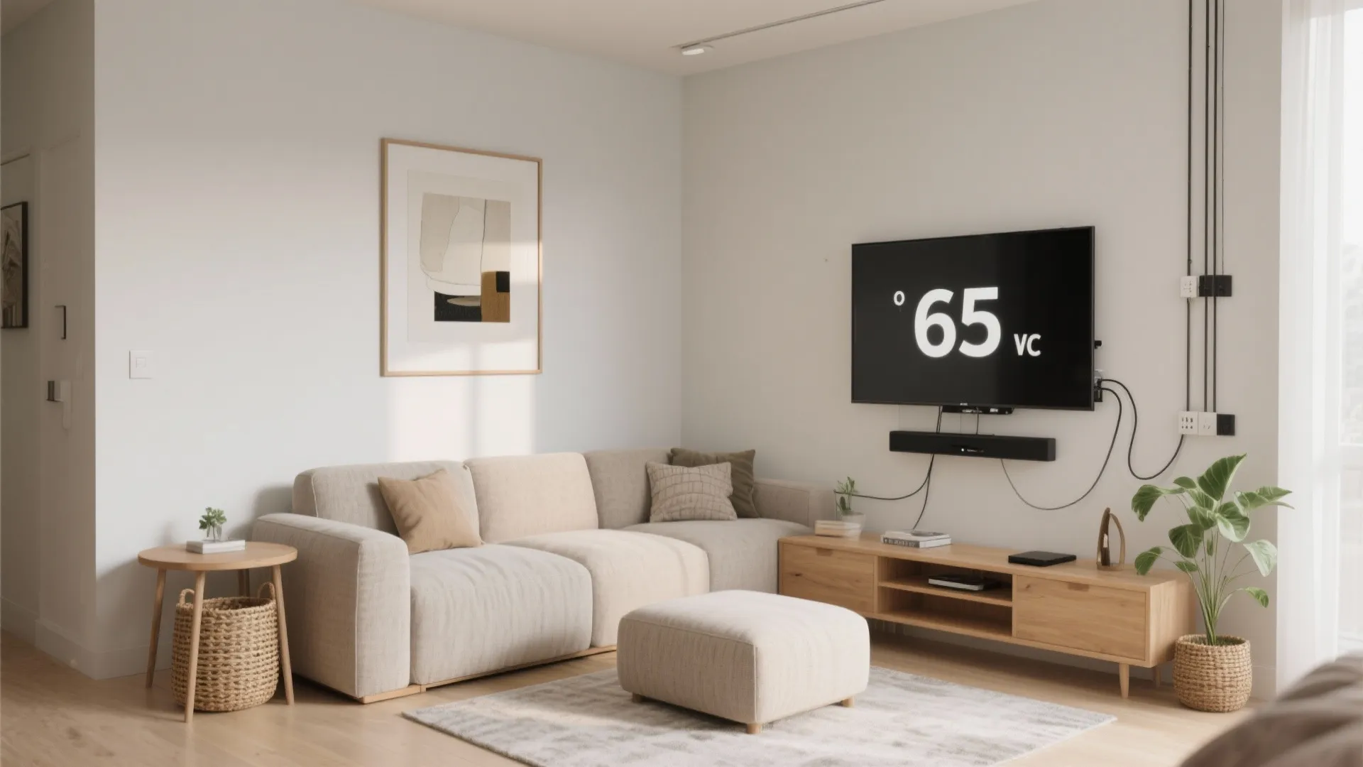 Cozy living area with a large sofa footrest wooden cabinet wall light and a television screen