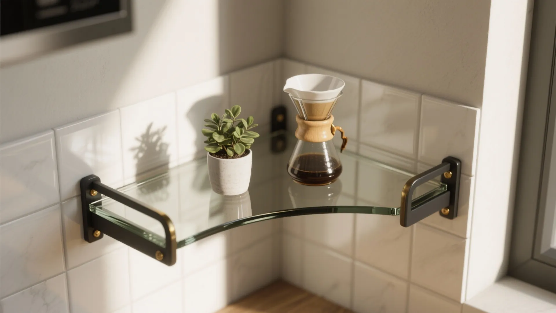Glass corner shelf with black brackets holding a small green plant and glass coffee pot