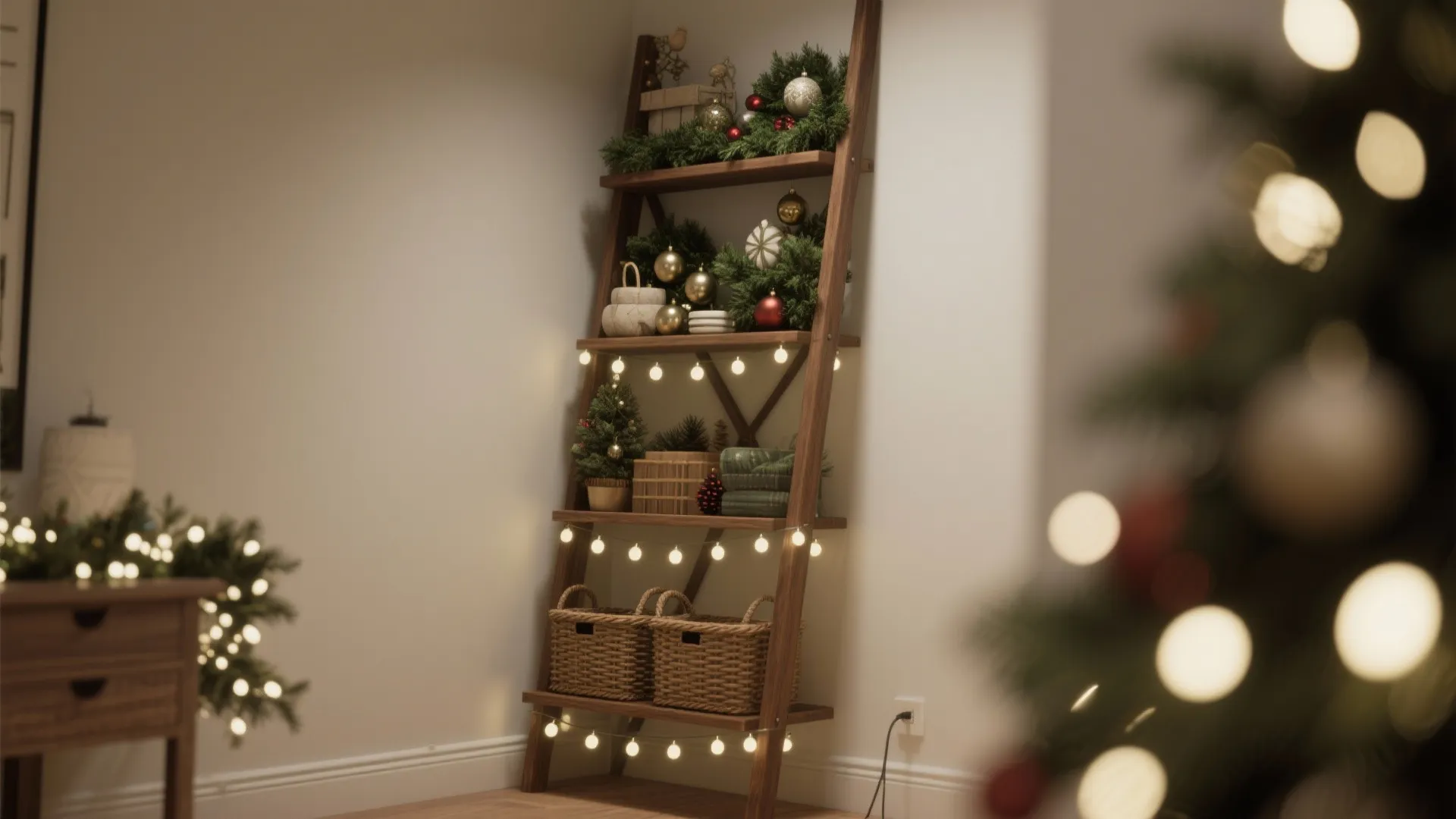 Wooden ladder shelf decorated with Christmas greenery ornaments light strings and woven baskets in a corner