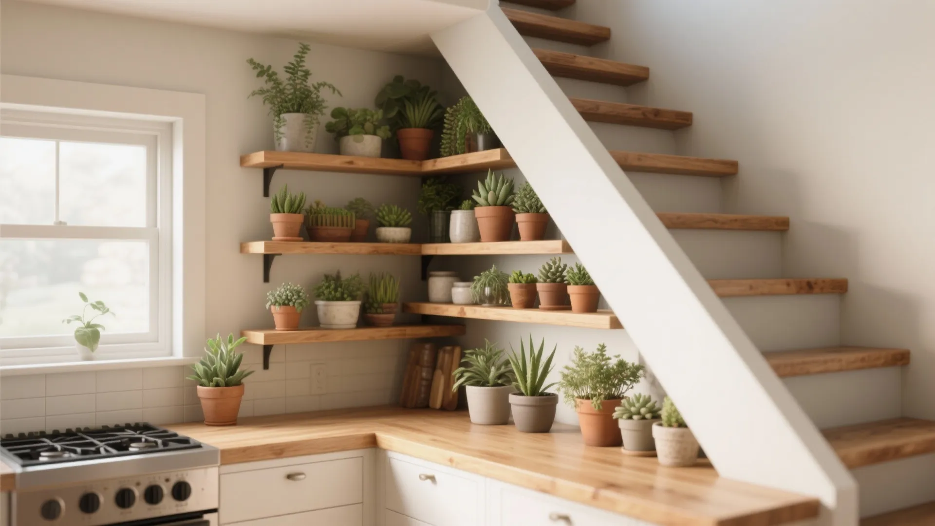 Modern kitchen with wooden corner shelves holding small green plants near white stairs and stove