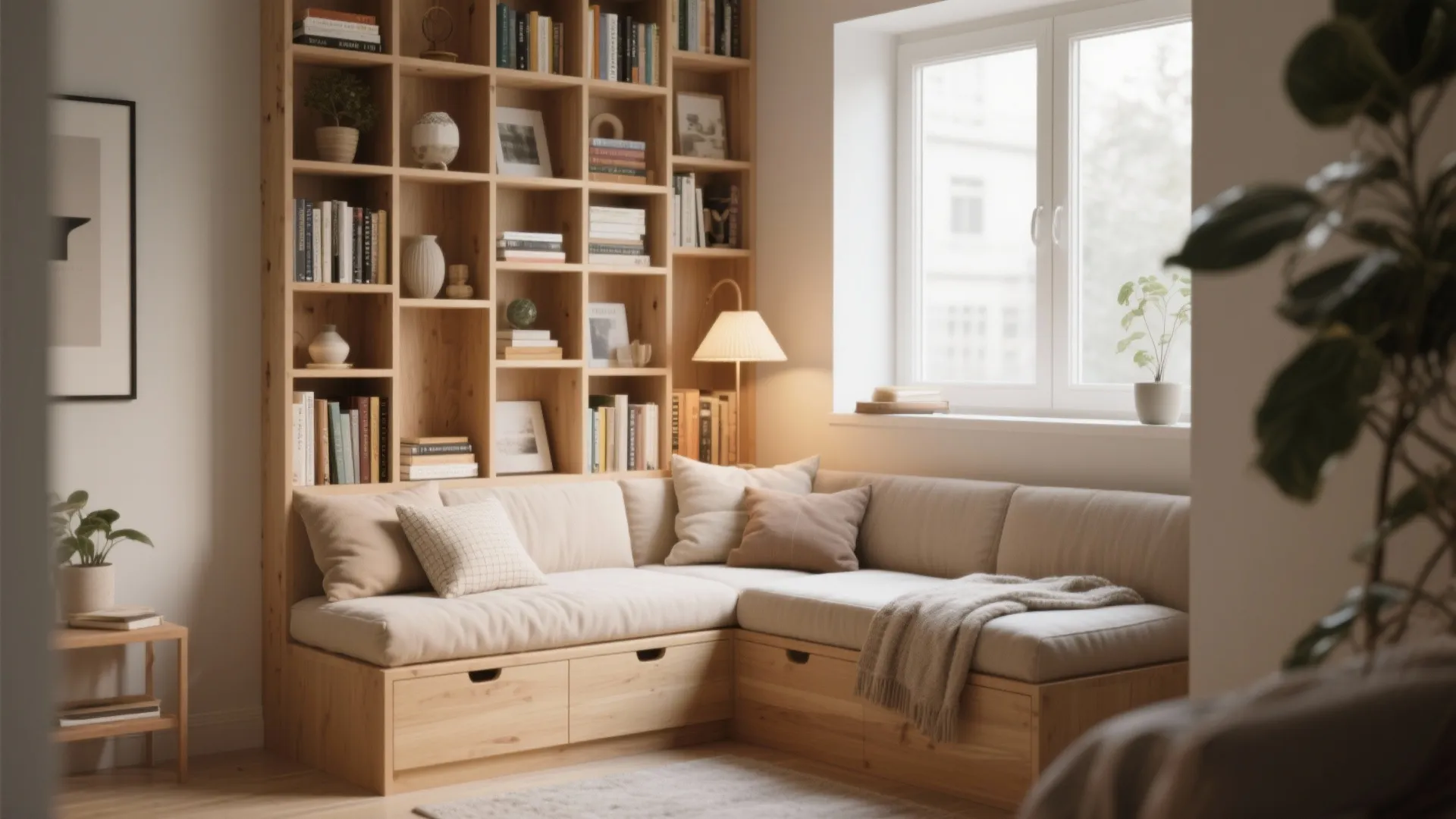 L shaped wooden sofa with built in storage drawers and a large floor to ceiling bookshelf