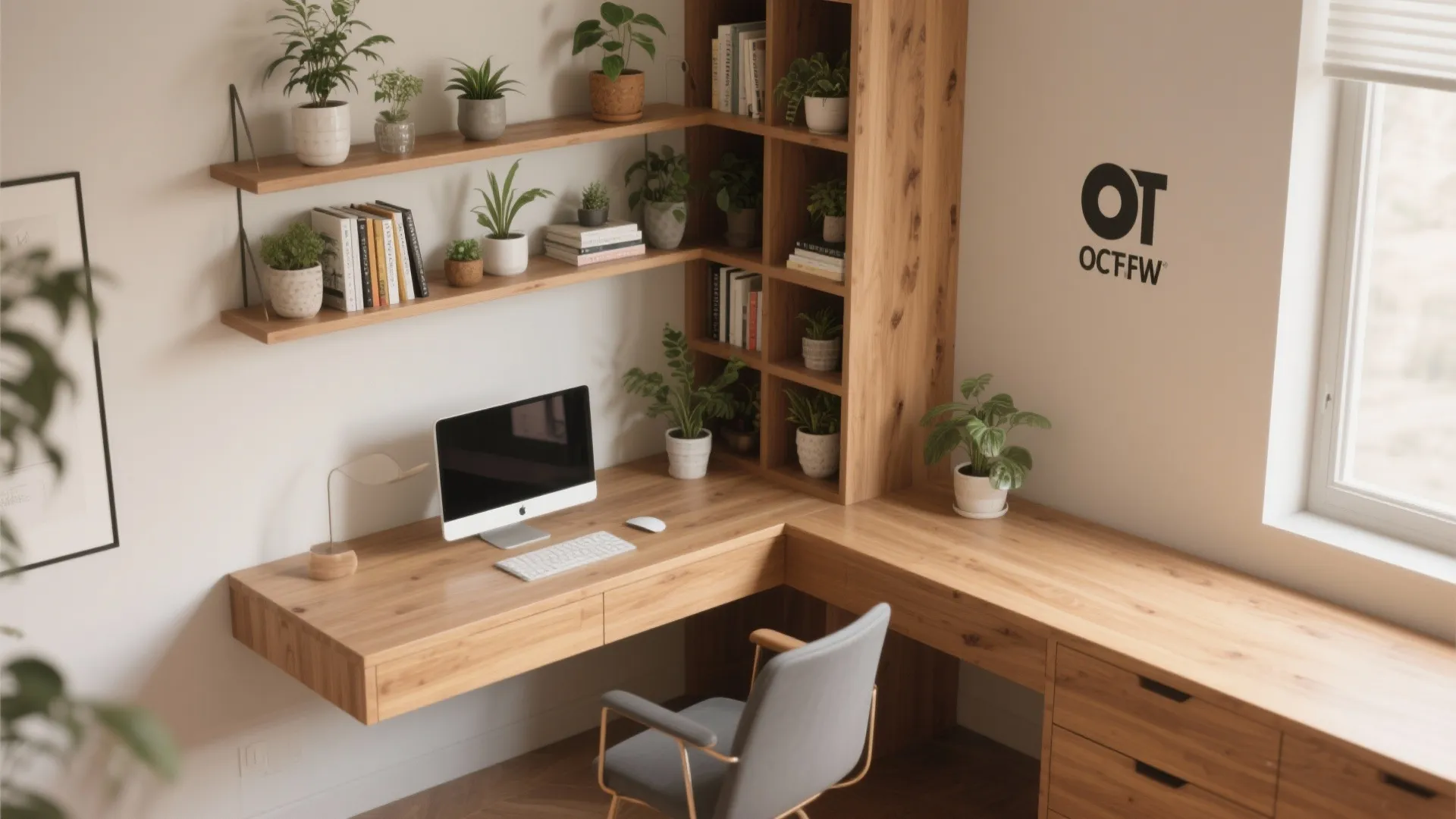 Modern wood corner desk with computer grey chair many green plants and wall storage shelves