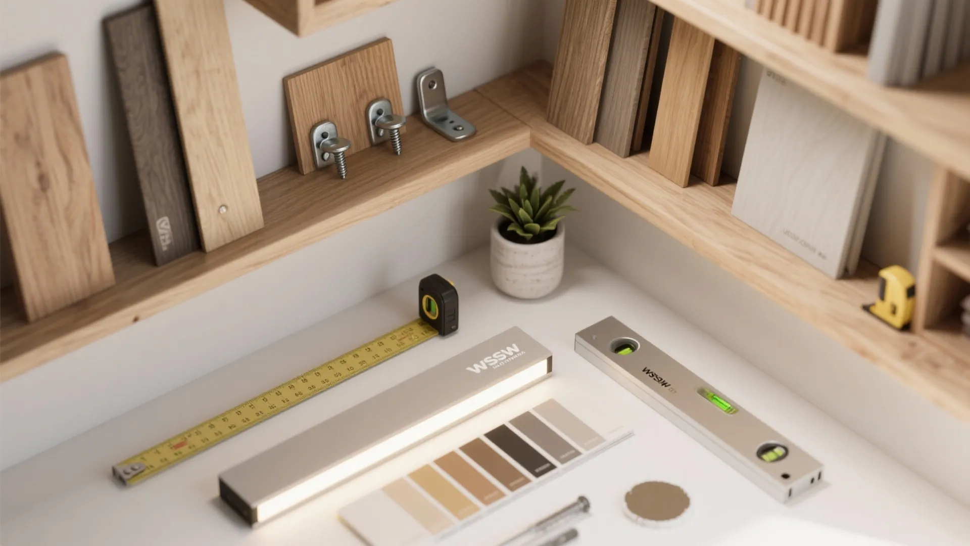 Interior design tools including measuring tape level color swatches and wood samples on a white desk