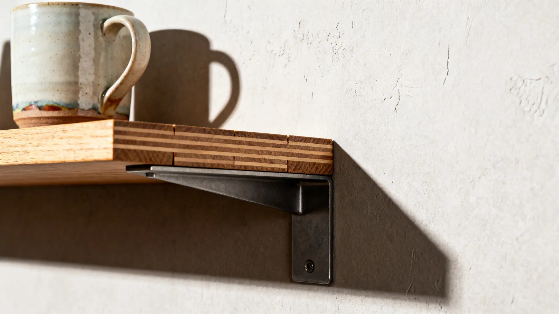 Close-up of mitered corner shelf joinery with concealed support and fine wood grain.
