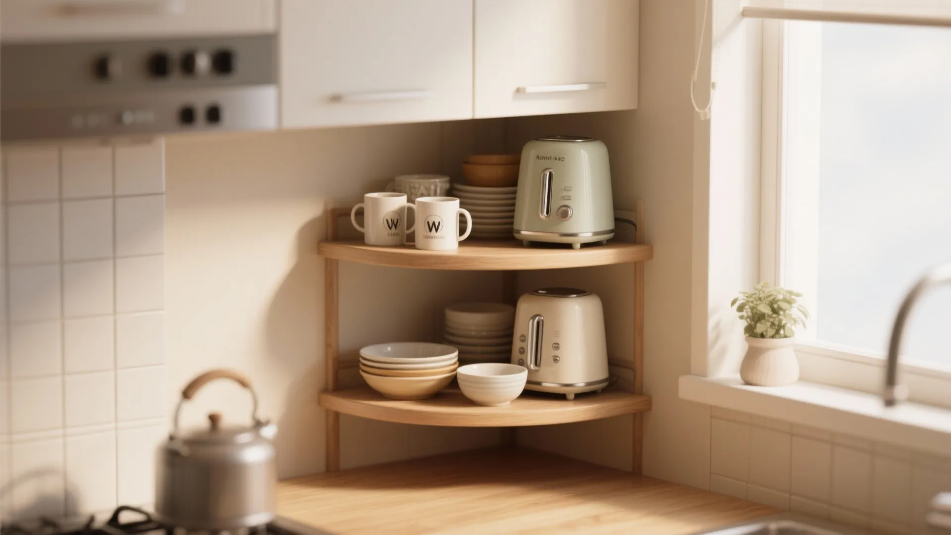 Two-tier corner shelf storing kitchen essentials