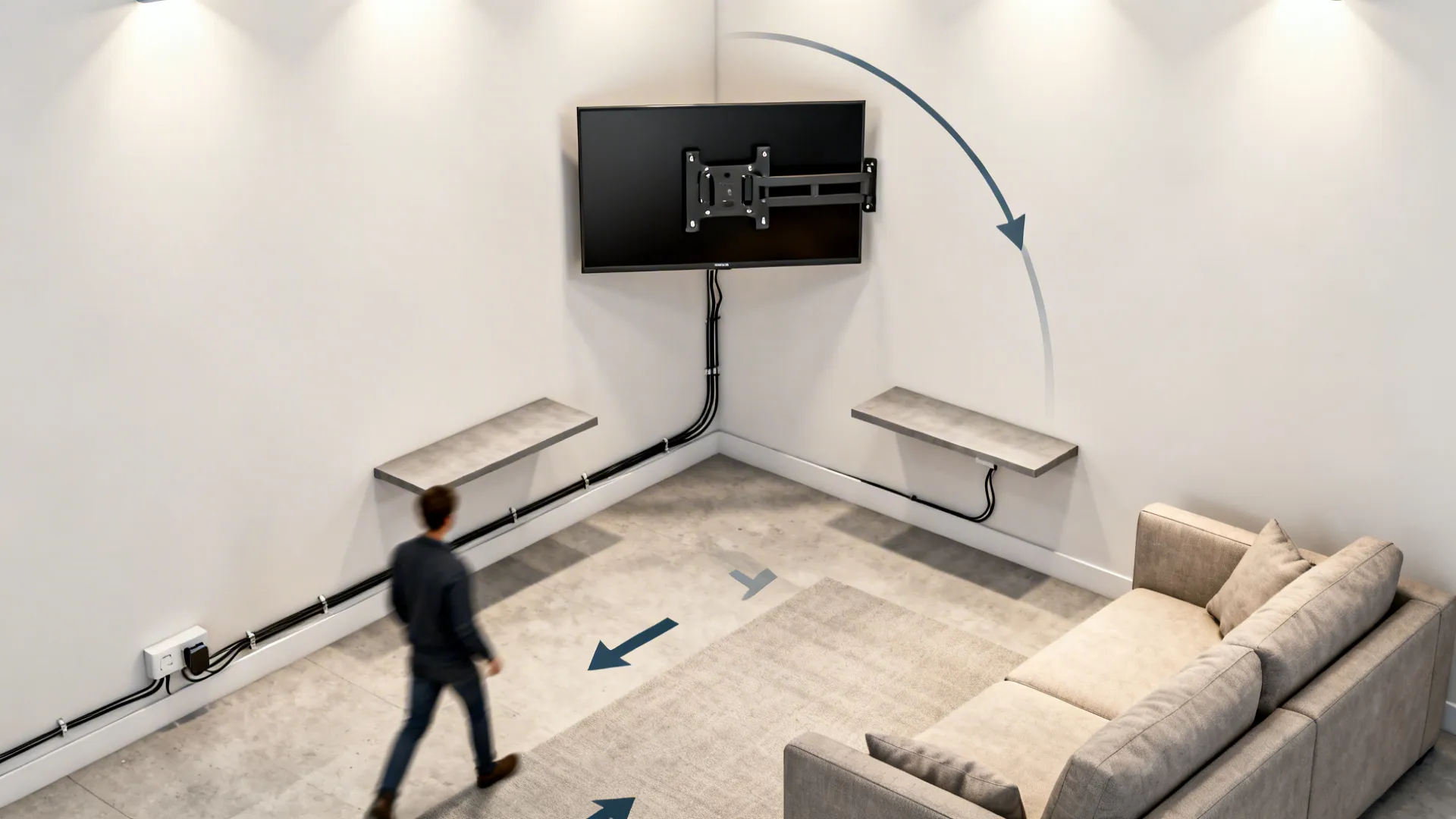 Top-down view showing corner TV swivel arc and floating shelf layout