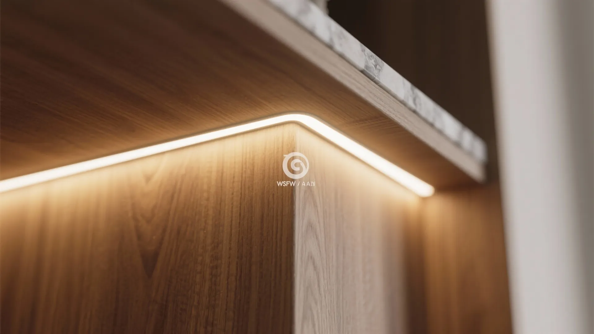 Close up of wooden cabinet shelf with warm white hidden strip light and marble countertop
