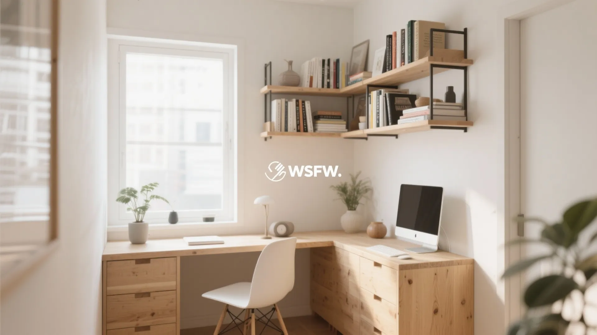 Corner shelving unit in a small home office with decor