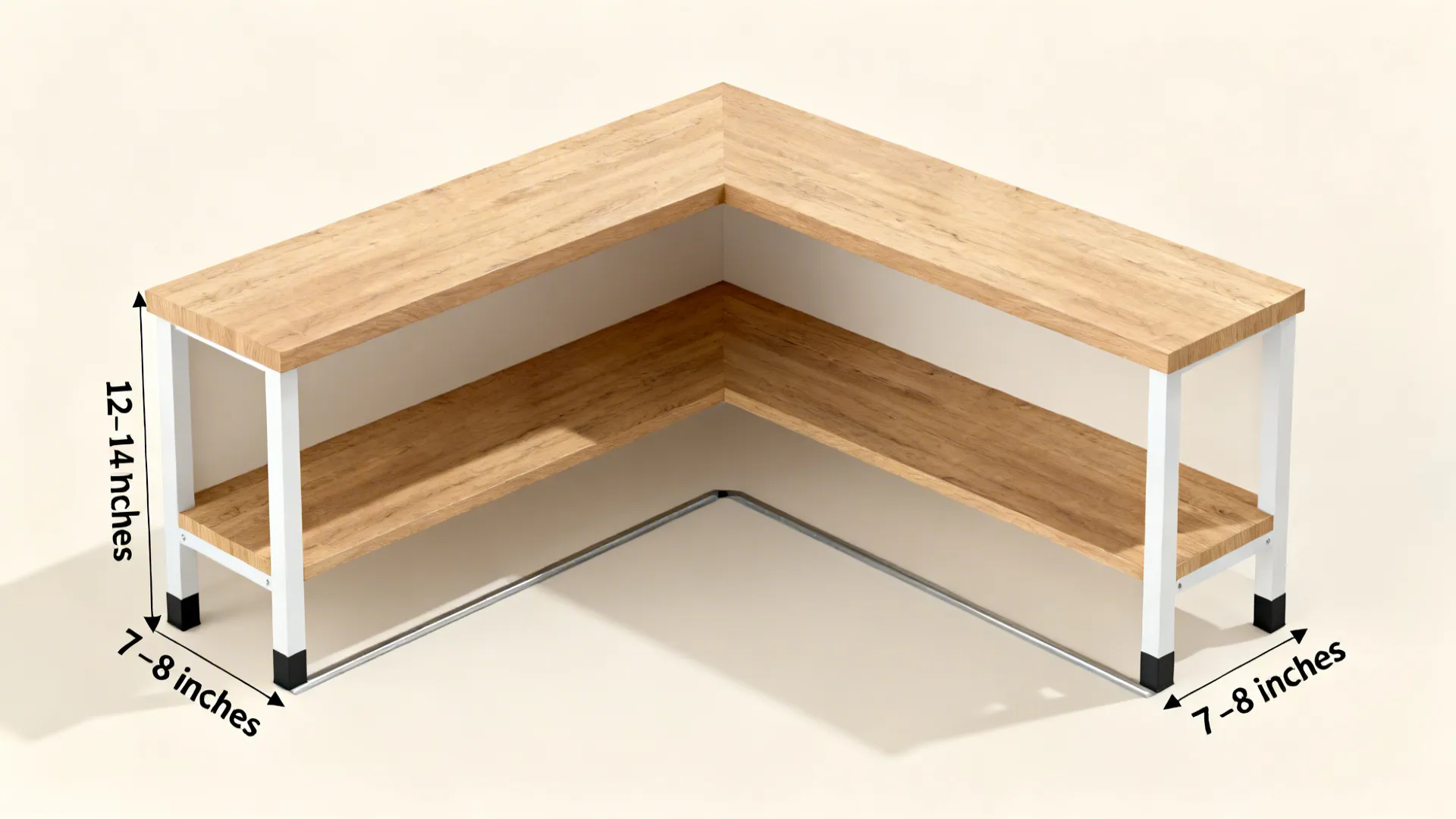Top-down visualization of L-shaped shelves with shallow depths and bracket path.