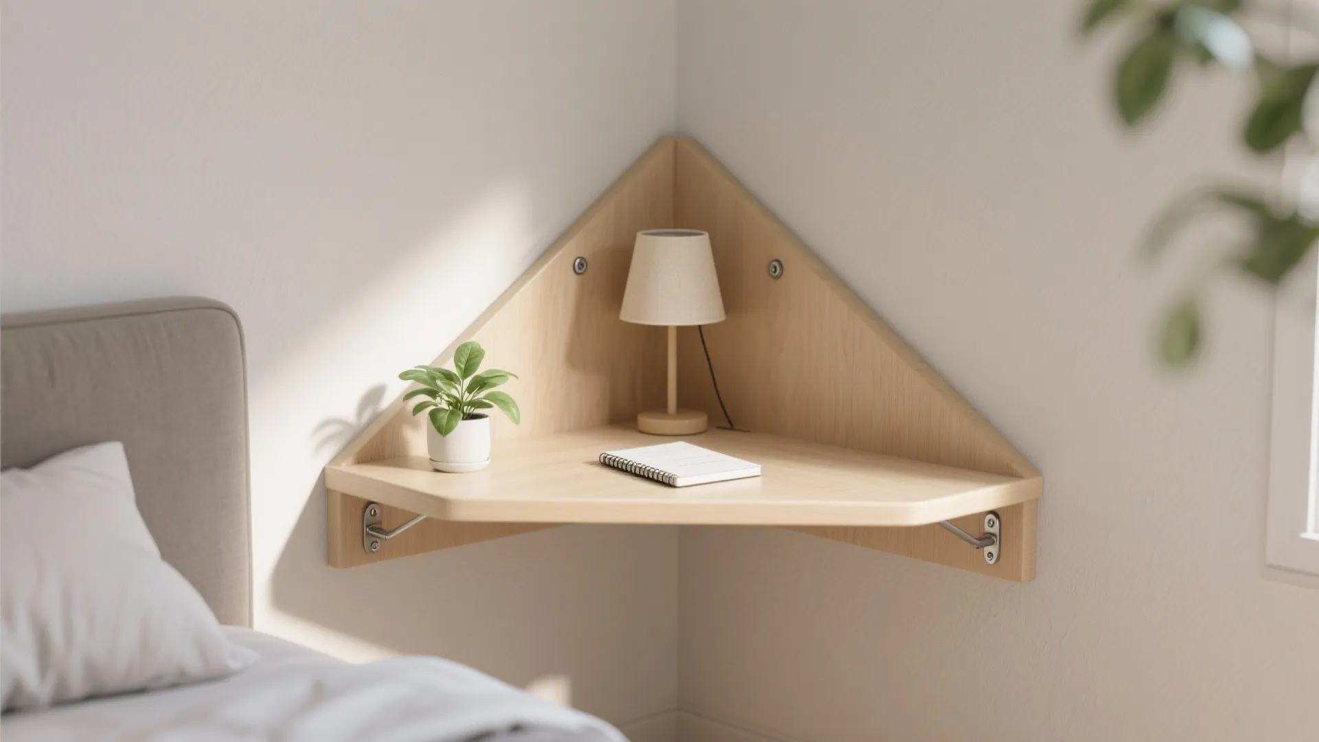 Wooden corner wall shelf with small lamp potted plant and notebook in a bright bedroom