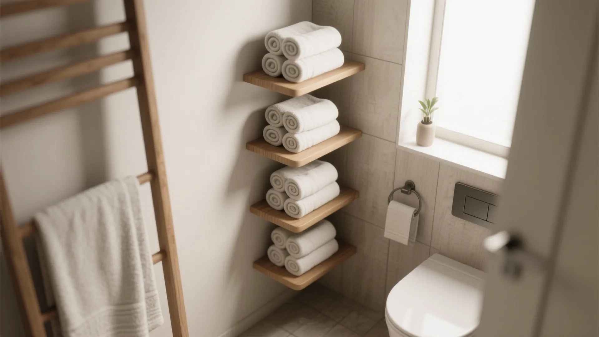 Small bathroom corner featuring four floating wooden shelves holding neatly rolled white towels near toilet