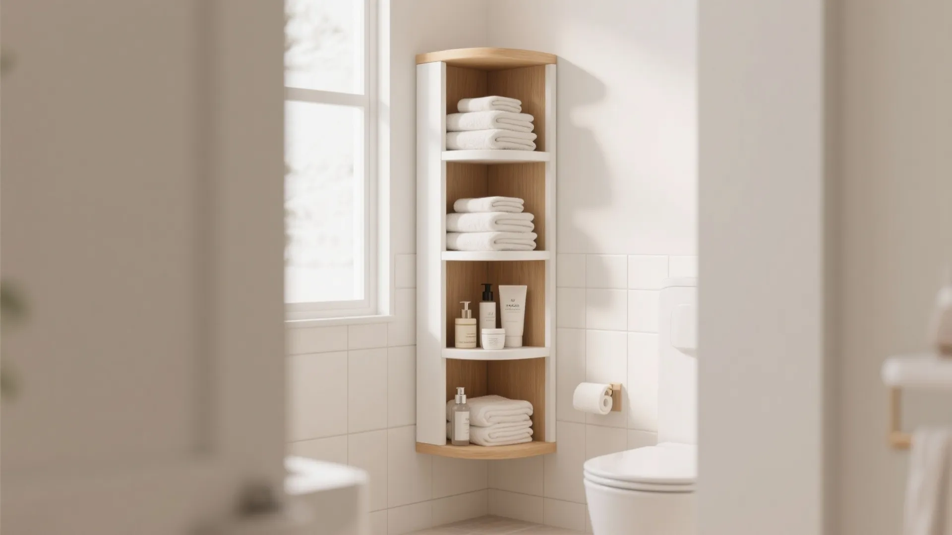 Modern white and wood corner wall shelf holding white towels and toiletries in a bathroom