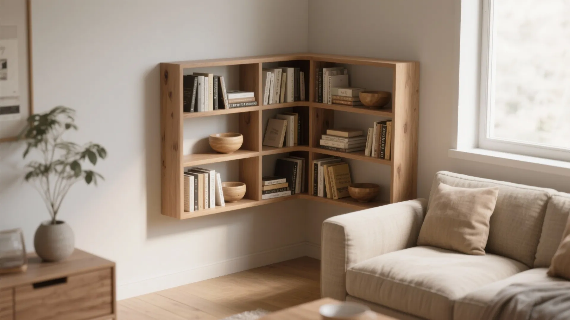 L-shaped wooden corner shelves in a cozy living room