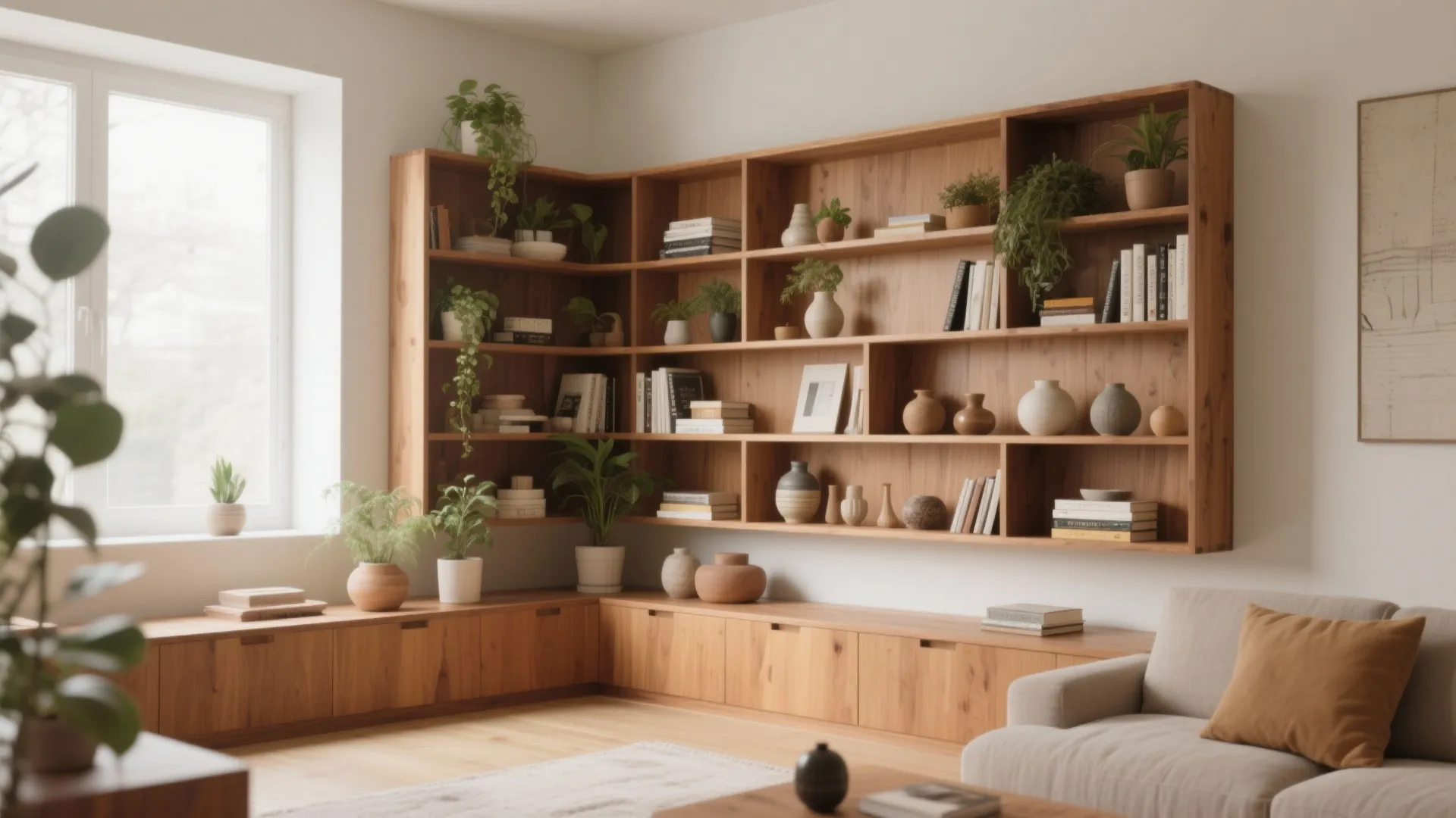 L-shaped wooden corner bookshelf filled with many green potted plants books and a beige sofa