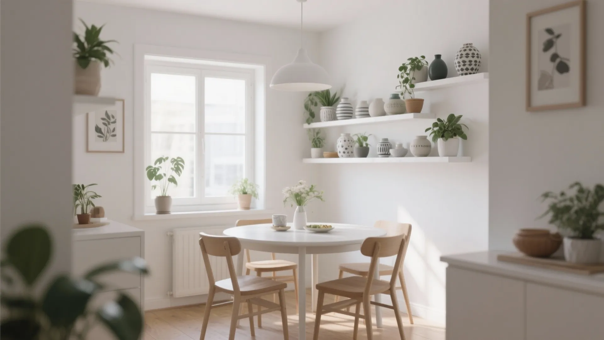 Bright dining area with white round table wooden chairs white shelves and many small plants