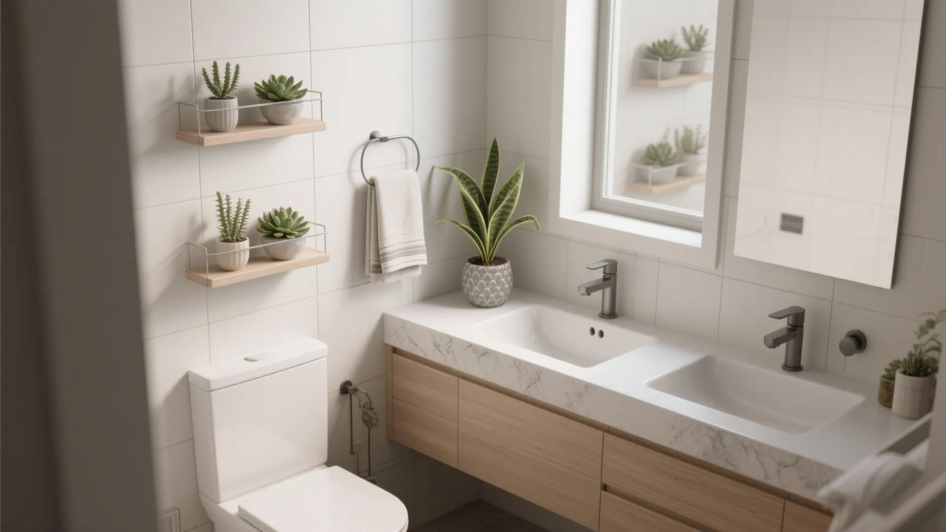 Compact Corner Shelves with L-shaped Vanities