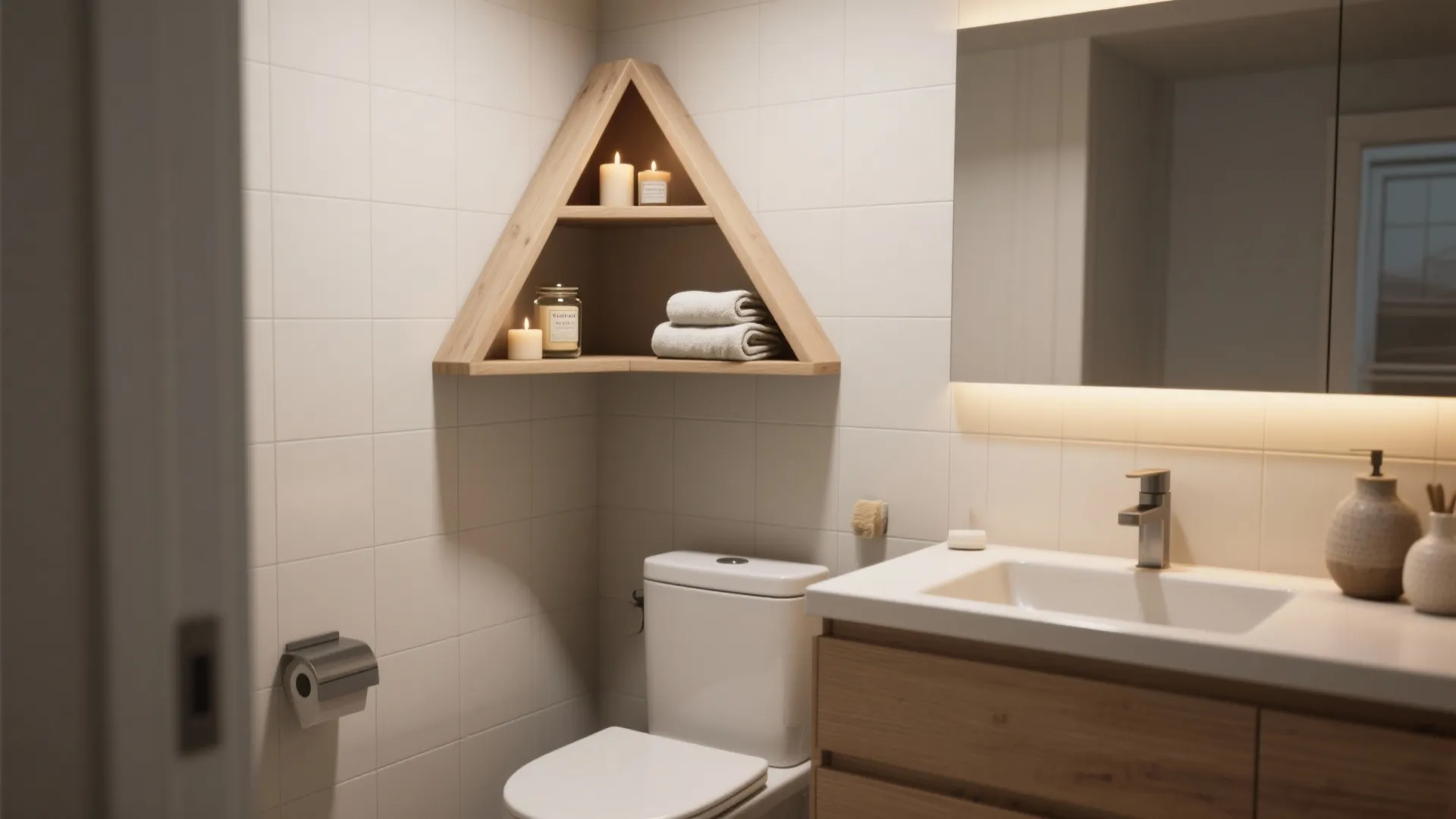 Small triangular corner shelves above a toilet holding candles, jars and folded facecloths in a cozy bathroom corner.