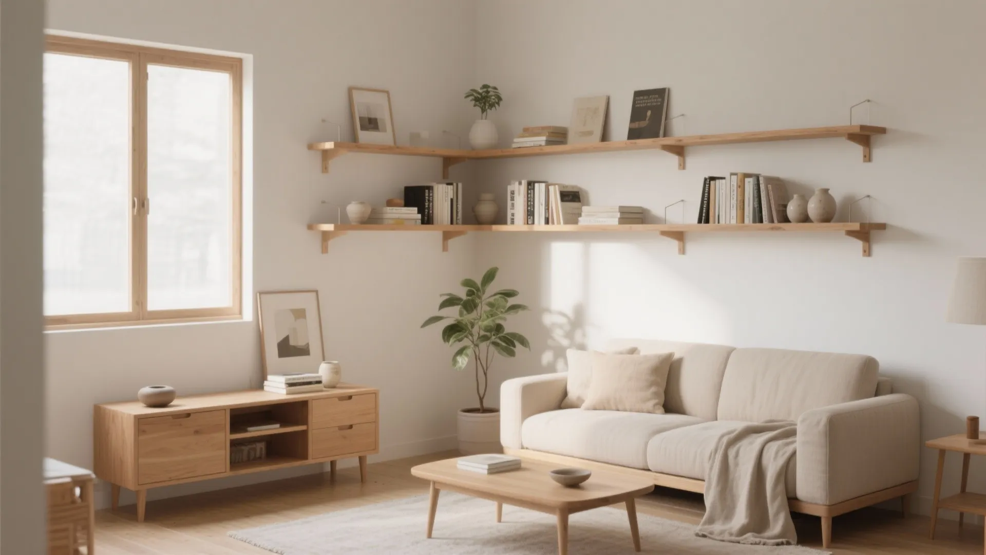 Minimalist living room with wooden corner shelves cream sofa coffee table plant and natural light