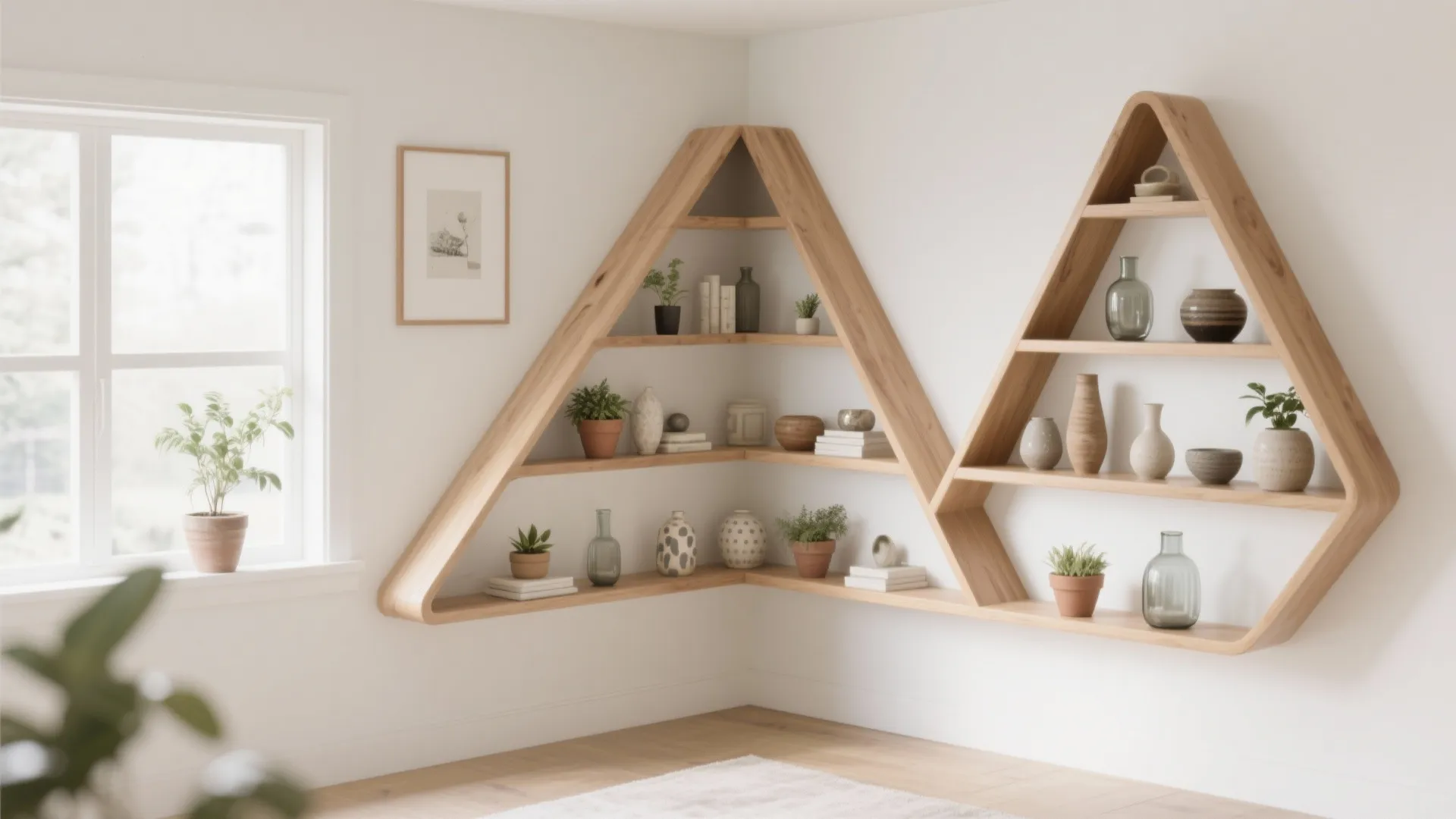 Triangle shaped wood corner wall shelves decorated with small green plants and various ceramic vases