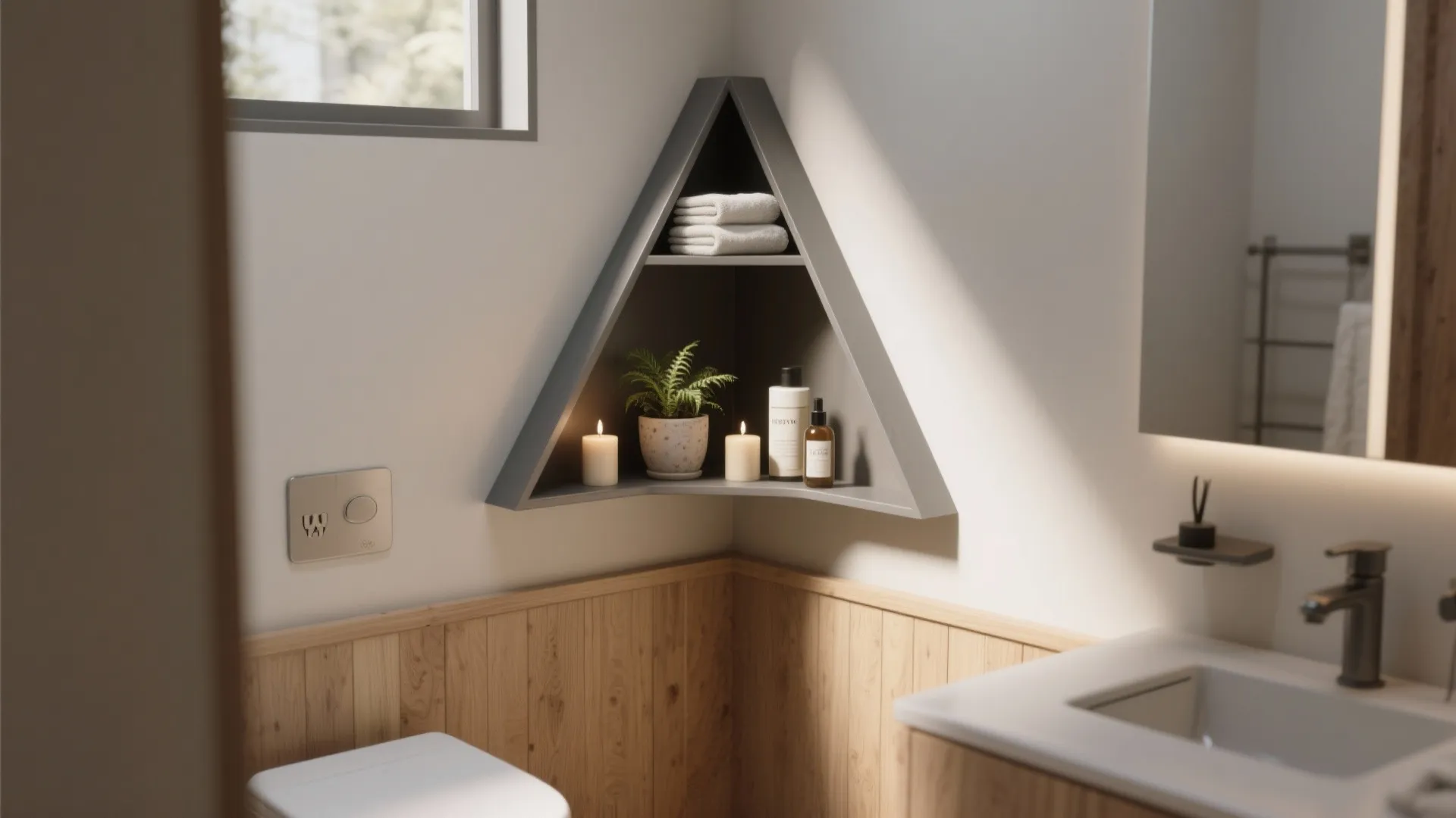 Triangle wall shelf in bathroom corner holding towels, small plant, candles, and simple bath bottles