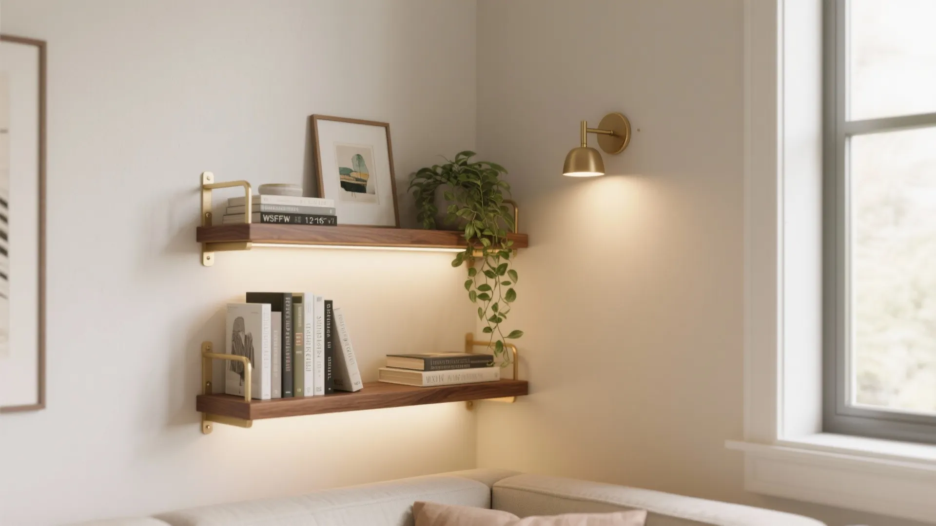 Floating Corner Shelves + Layered Lighting