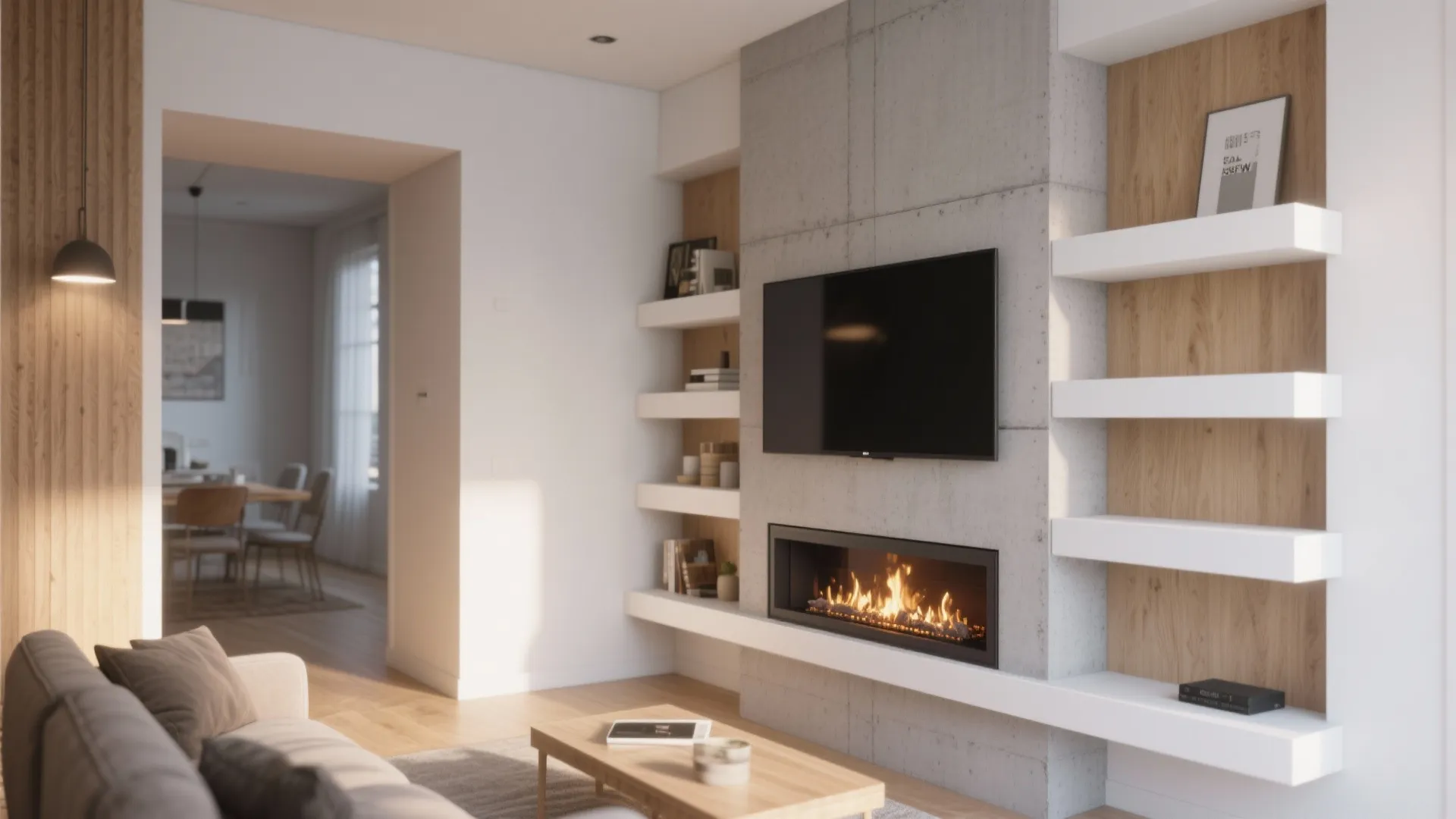 3) Corner Fireplace with Floating Shelves to Free Up Flow