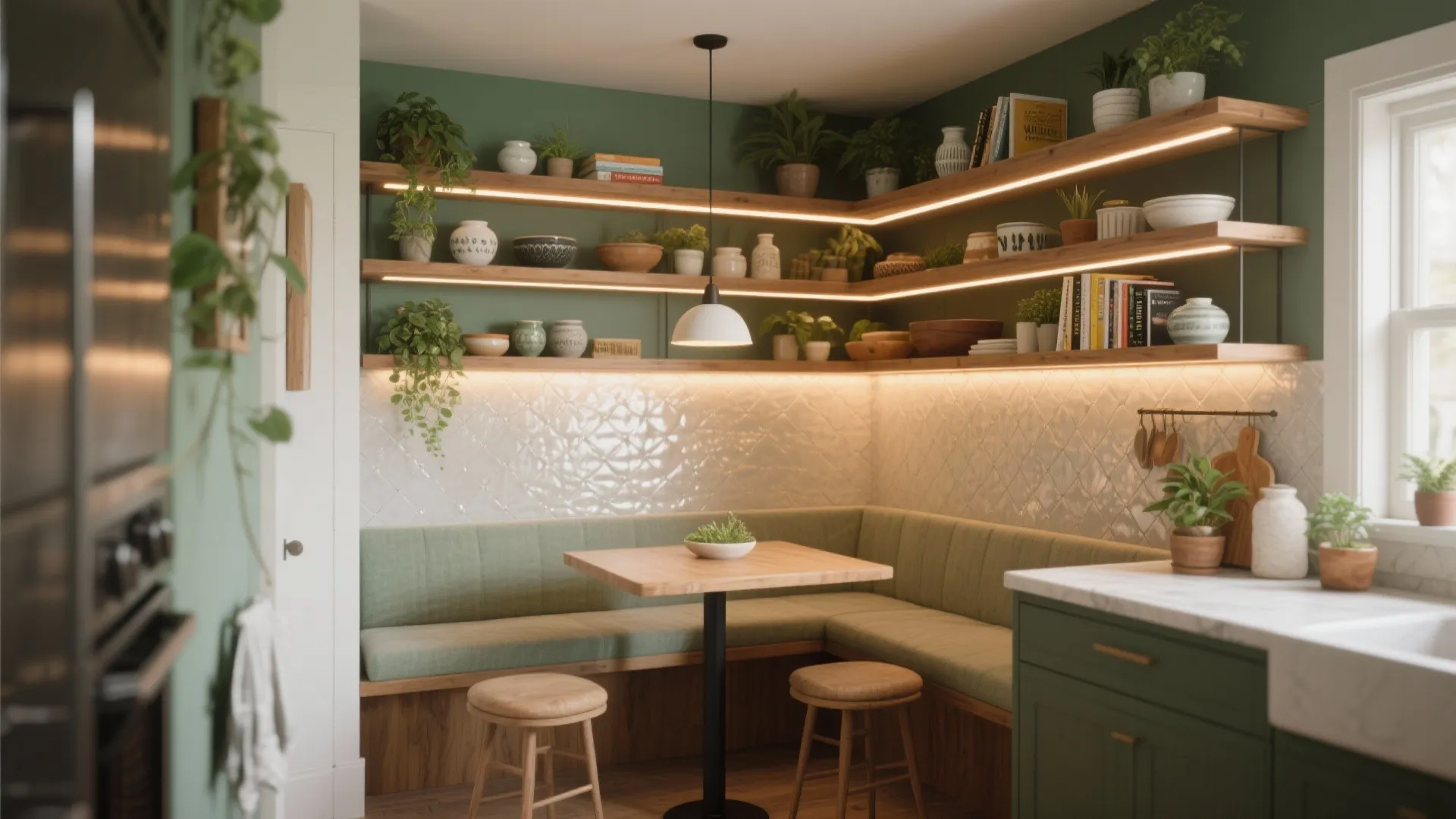 Corner Nook with Open Shelving and Lighting