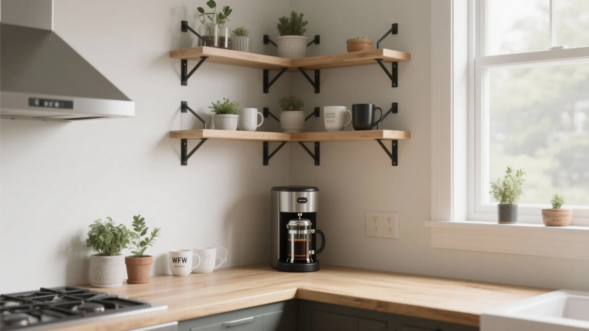 5. Corner floating shelves and staggered L-shapes