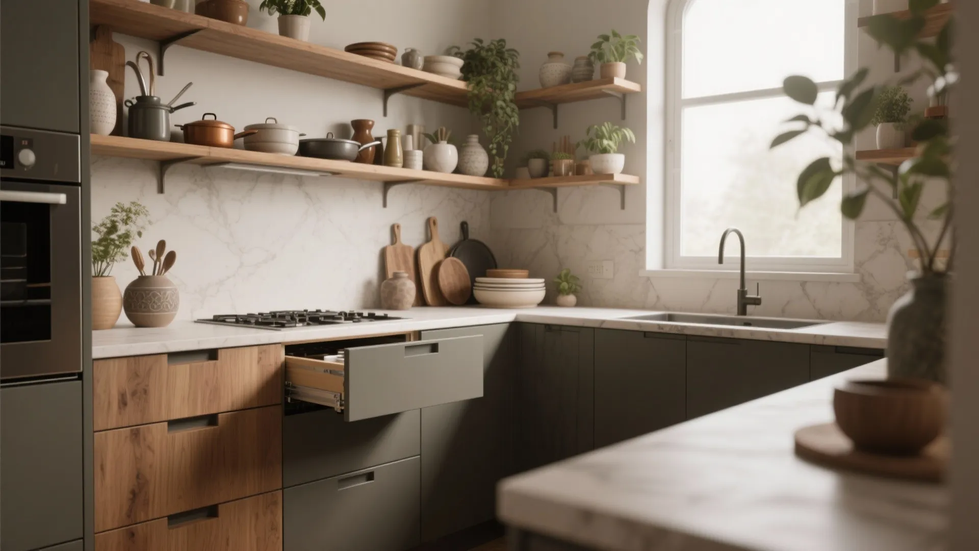 Modern kitchen with green cabinets open wooden shelves marble wall stove sink and natural window light