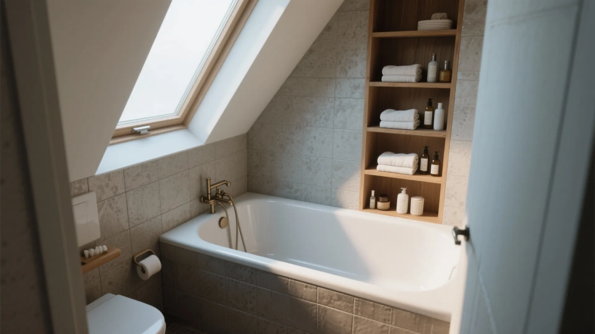 3. Corner tub with integrated shelving (ideal for awkward shapes)