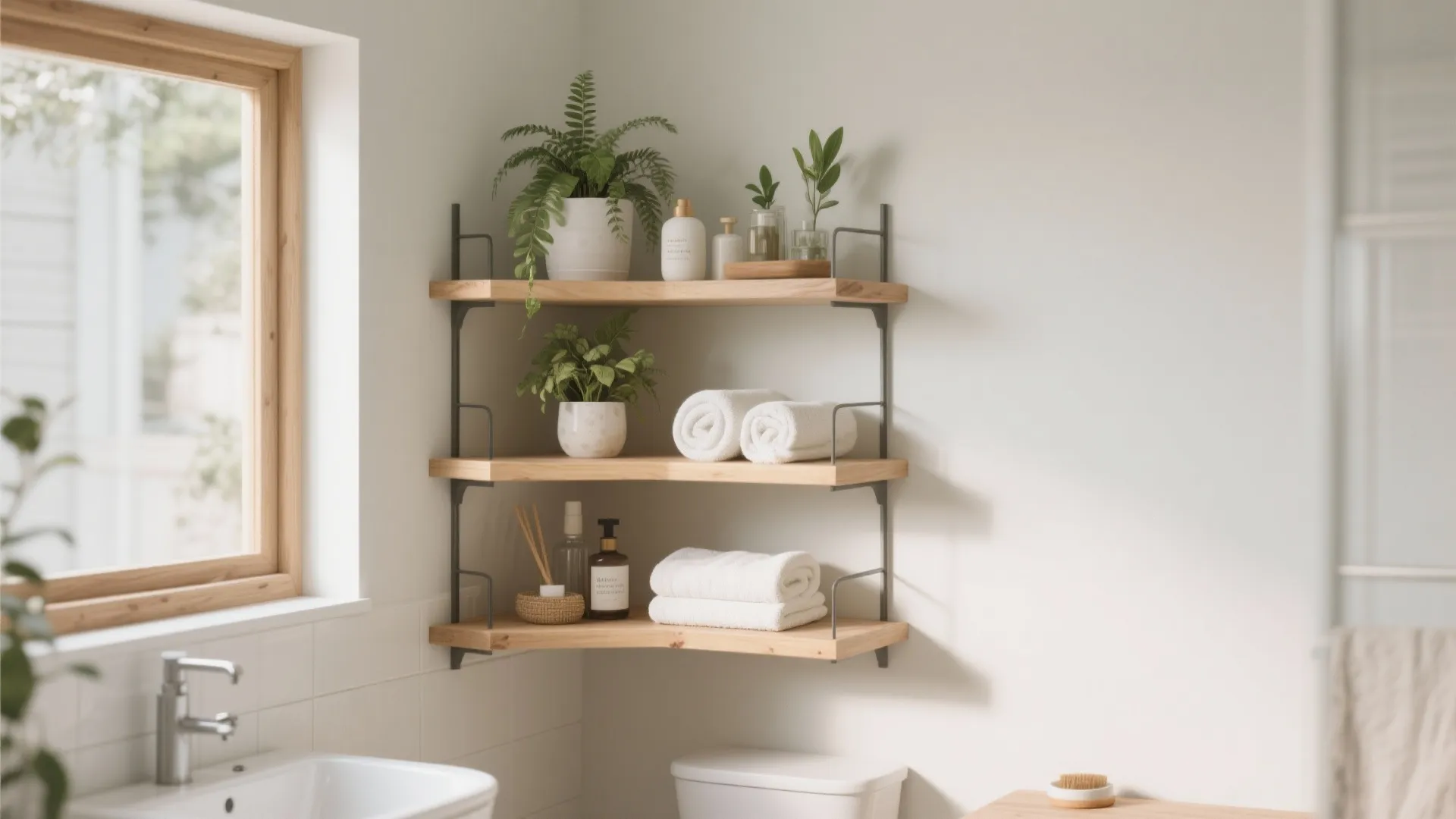 Wooden corner shelves in a bathroom holding green plants white towels and several small soap bottles