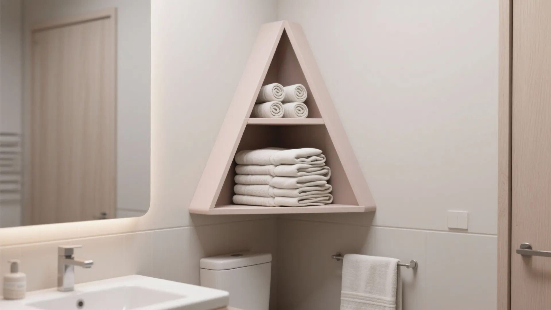 Triangle wall shelf holding white towels in a modern bathroom with sink and white toilet