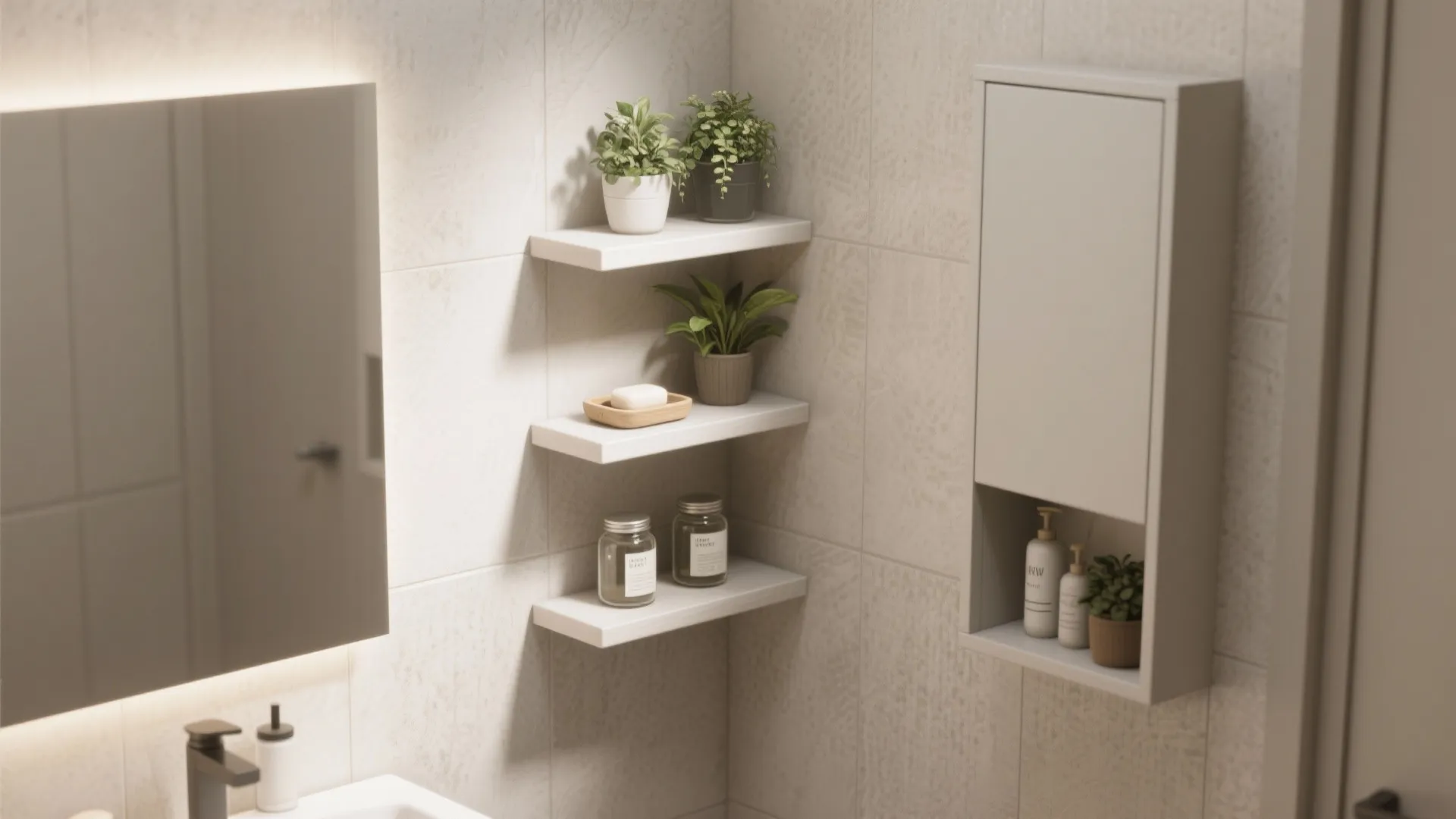 Modern bathroom corner featuring three white floating wall shelves with small green plants and jars