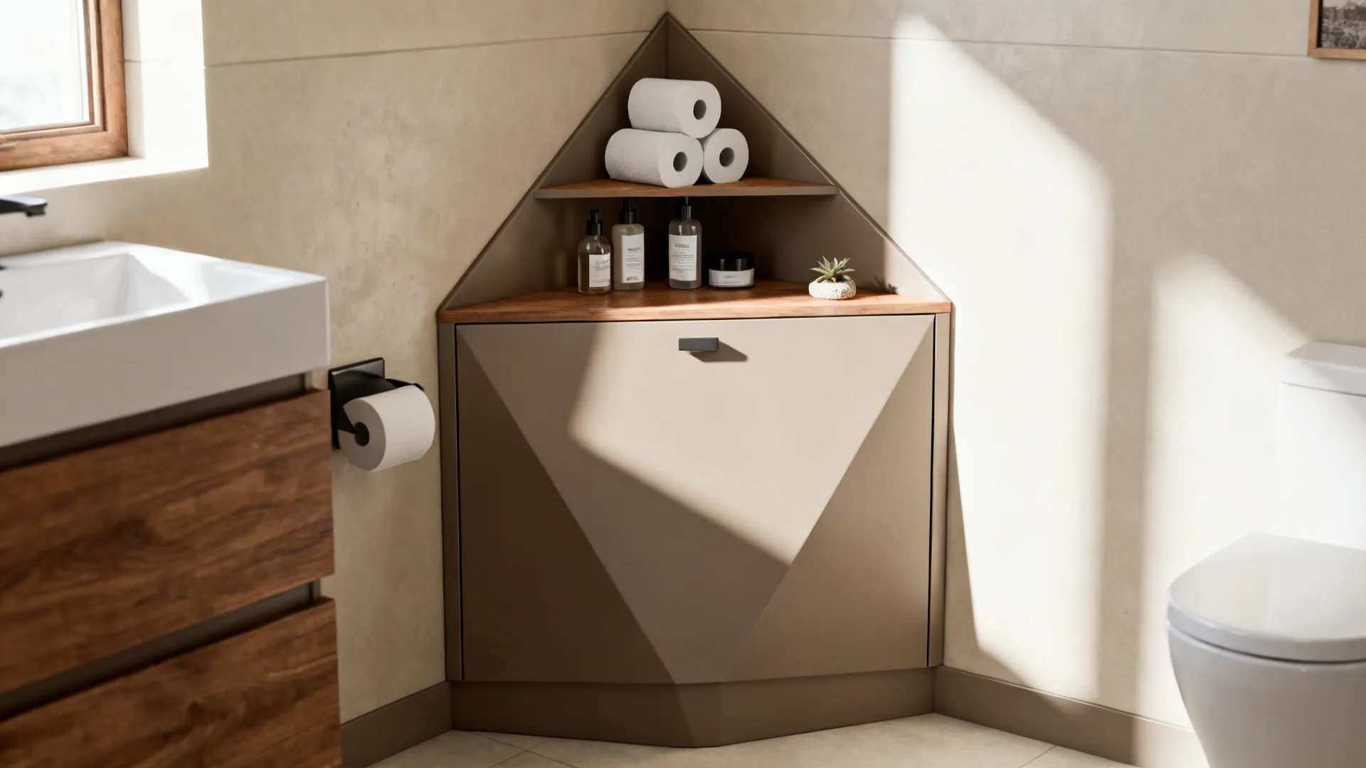 Slim corner shelves and a tapered corner cabinet storing toilet paper and skincare in a small bathroom
