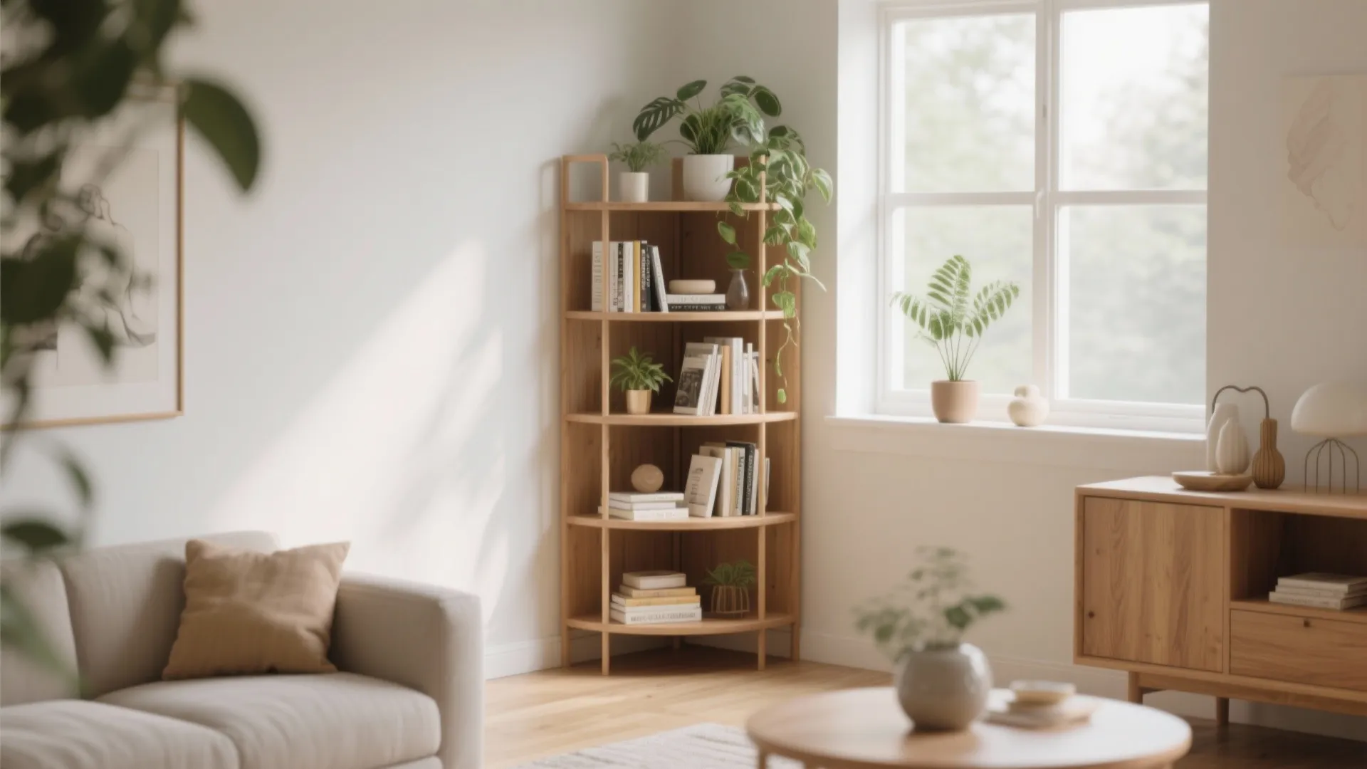 Wooden corner bookshelf holding books and green plants in a bright room with white walls