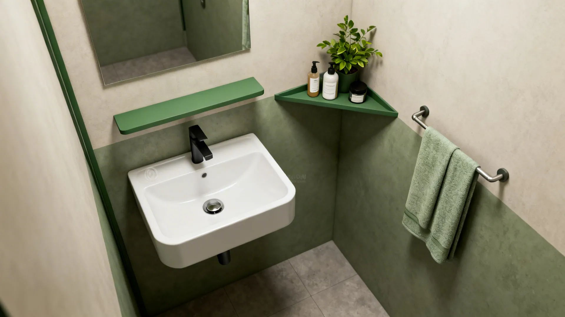 Wall-mounted sink with shelf ledge and slim corner shelves maximizing small bathroom storage